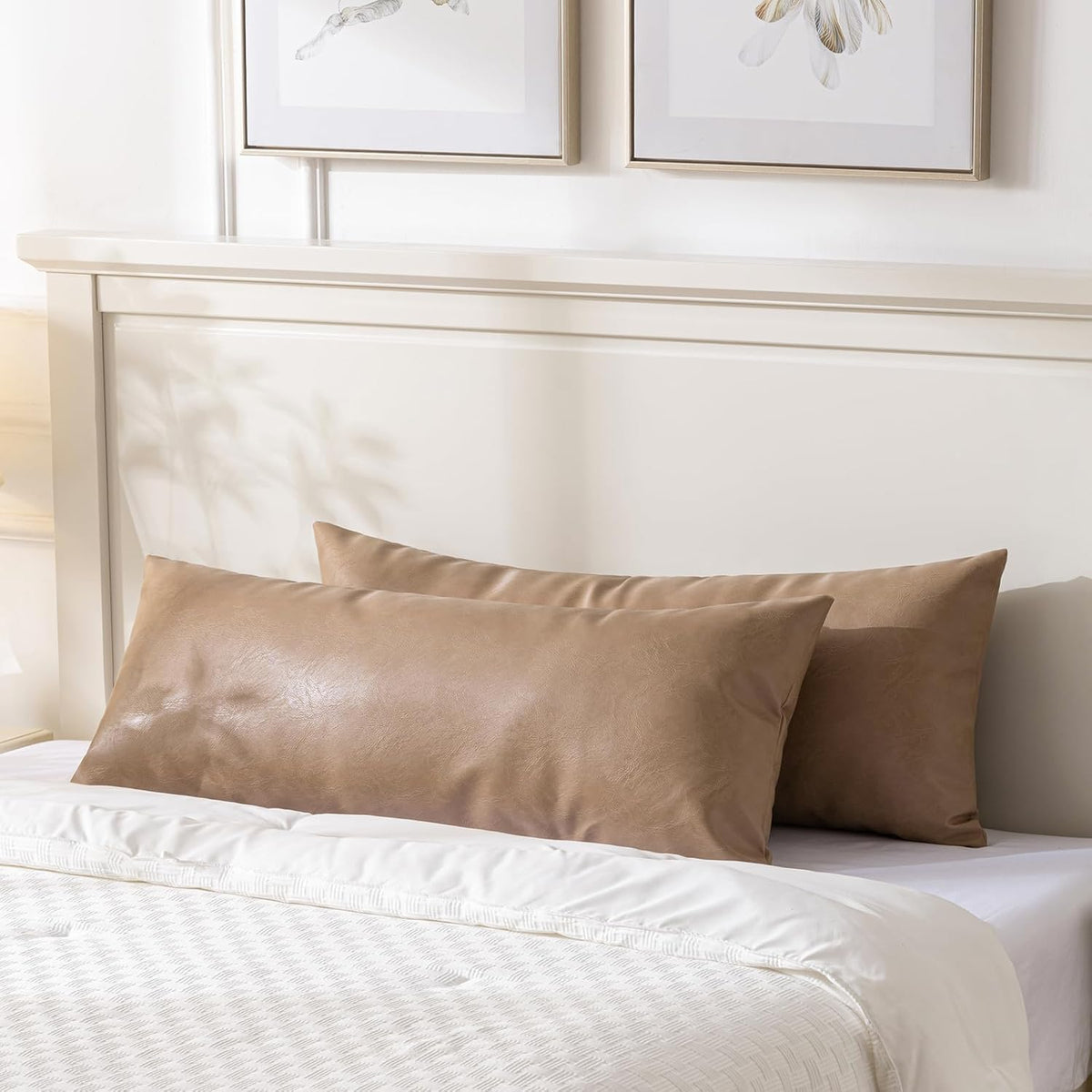 Fancy Homi Tan Boho Long Lumbar Faux Leather Body Decorative Throw Pillow Cover 14x40 Inch for Bedroom Couch Bed Sofa, Stylish Solid Rectangular Beige Pillowcase, Rustic Modern Farmhouse Room Decor