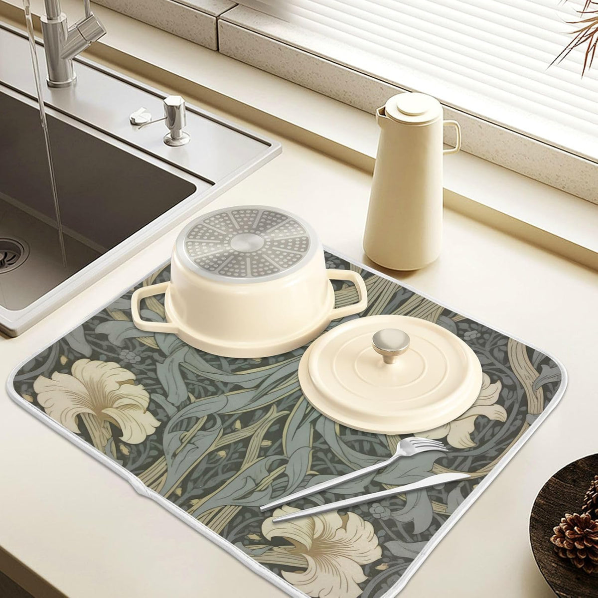 William Morris Flowers Print Dish Drying Mat for Kitchen Counter Absorbent Microfiber Small Drying Pad Dish mats for Kitchen Countertops 16 x 18 Inch