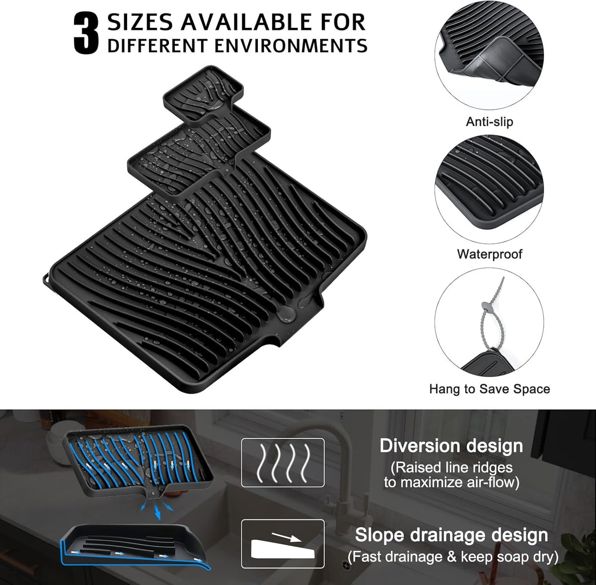 Silicone Dish Drying Mat for Kitchen Counter, Dish Drying Pad, Non-Slip Drain Pad with Built-in Drain, Heat Resistant Stone Drying Mat, 3 pcs (Black)