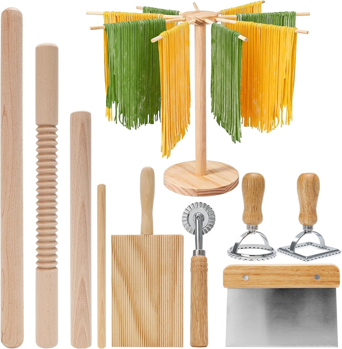 Pasta Making Tools 9 Pcs with Pasta Drying Rack, Threaded Rolling Pin, 2 Rolling Pins, Gnocchi Board, Dough Cutter, Wheel Cutter, 2 Ravioli Stamps,Pasta Making Kit Accessories for Home
