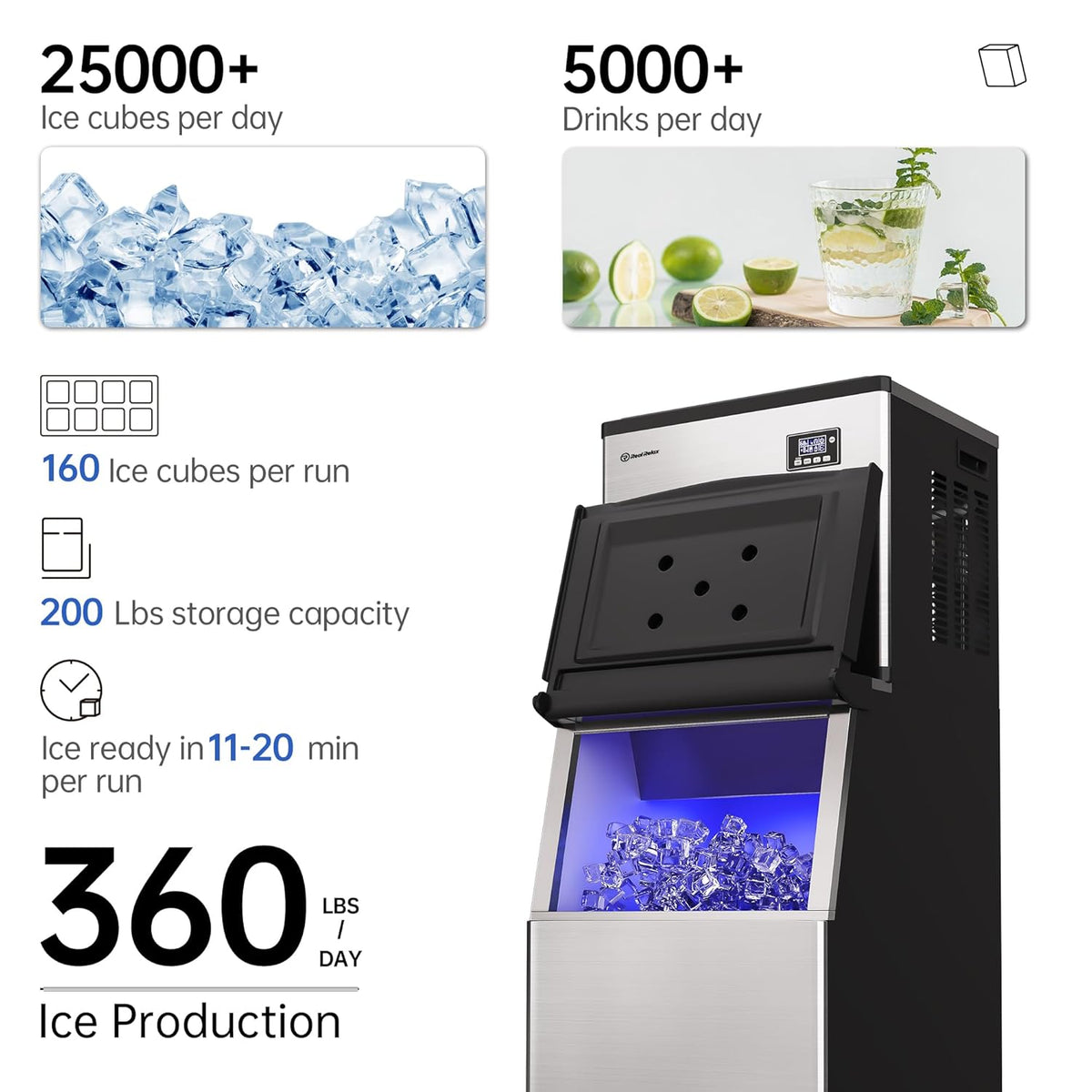 Commercial Ice Maker Machine, 360 lbs /24h, 200 lbs Ice Storage Bin, Stainless Steel, Self-Cleaning, LCD Display, Freestanding Ice Maker, Suitable for Home, Bar, Includes Connecting Hose, Silver