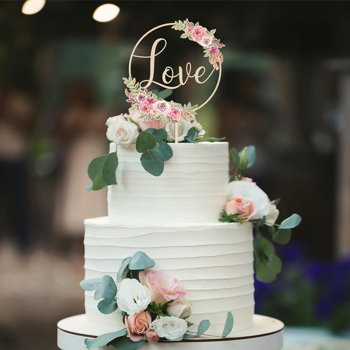 Love Wedding Cake Topper Floral Wedding Engagement Cake Decoration in Wood (Design 01)