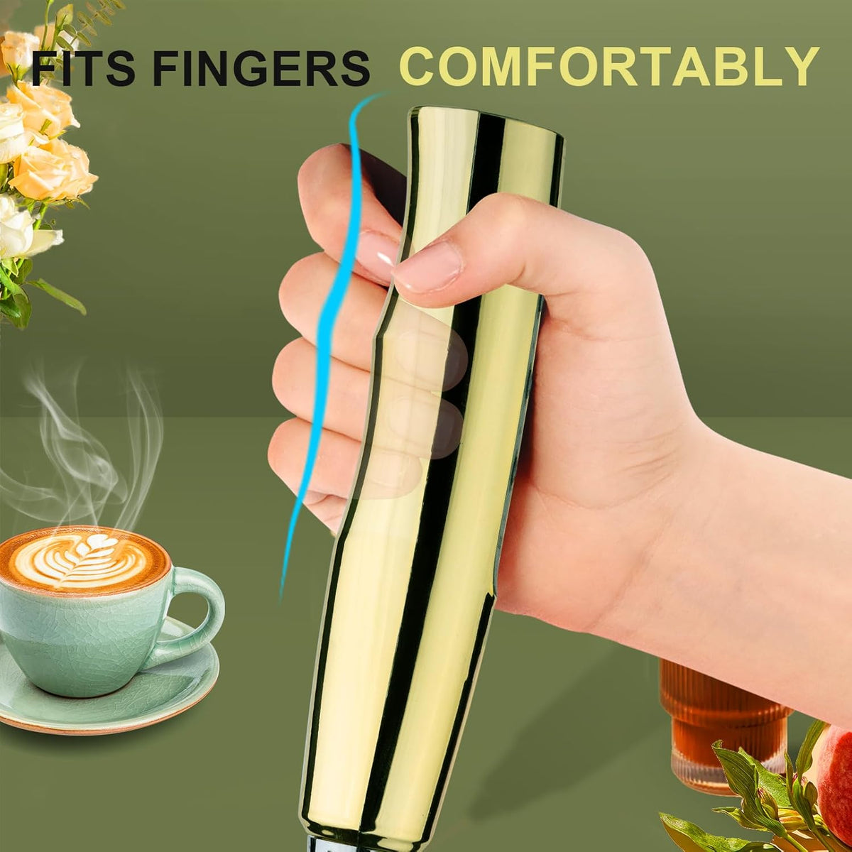 YUSWKO Champagne Gold Handheld Milk Frother Wand for Coffee, Rechargeable Electric Whisk with 3 Heads 3 Speeds Drink Mixer Coffee Frother For Latte, Cappuccino, Hot Chocolate, Egg