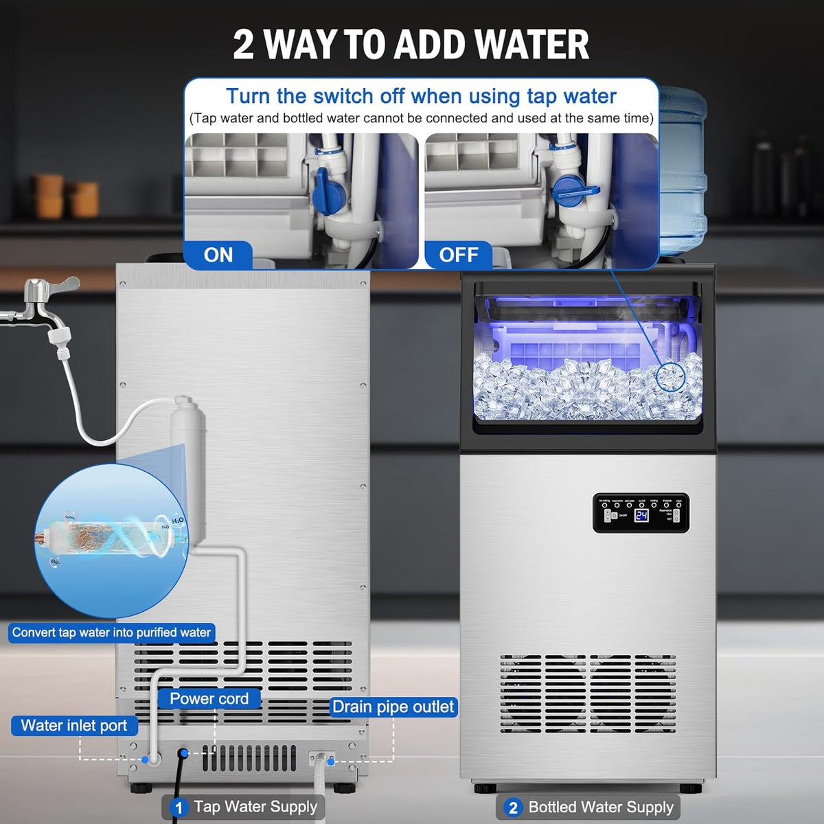 Commercial Ice Maker Machine 120 LBS/24H, 40 Ice Trays Freestanding & Undercounter Ice Machine Stainless Steel with 20 LBS Ice Storage Capacity, Ice Maker with Water Line and Filter, Dual Water Inlet