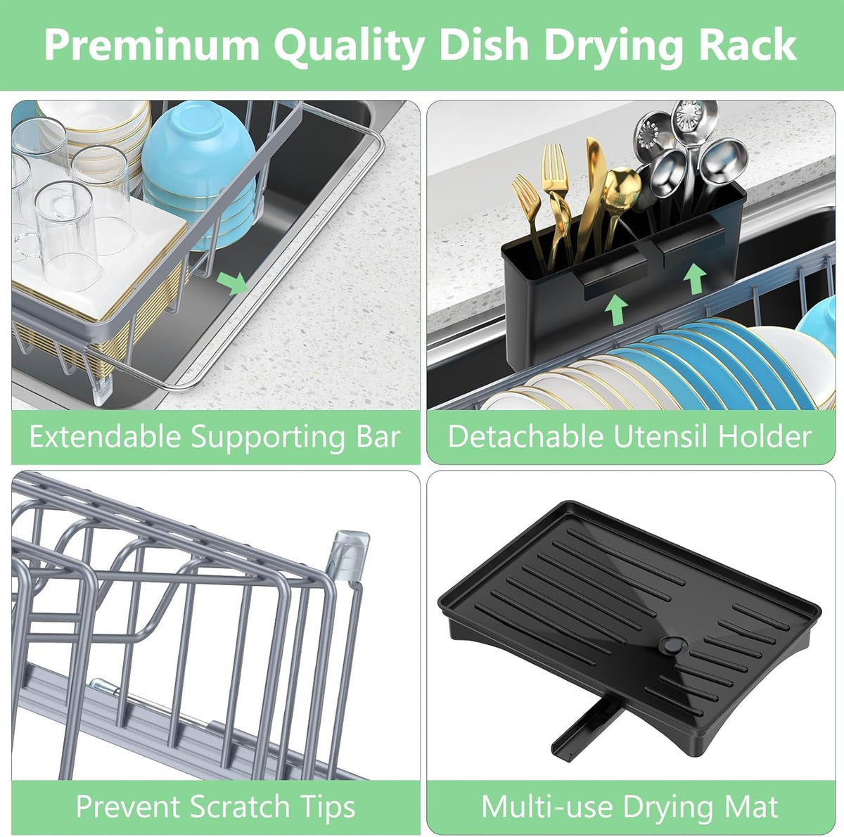 LEMIKKLE Sink Dish Drying Rack - Expandable Small Dish Rack Over Sinks with Drying Tray, Dish Drainer for Kitchen Counter with Cutlery Holder, Drying Rack Fit for 14’’-19’’ Kitchen Sink