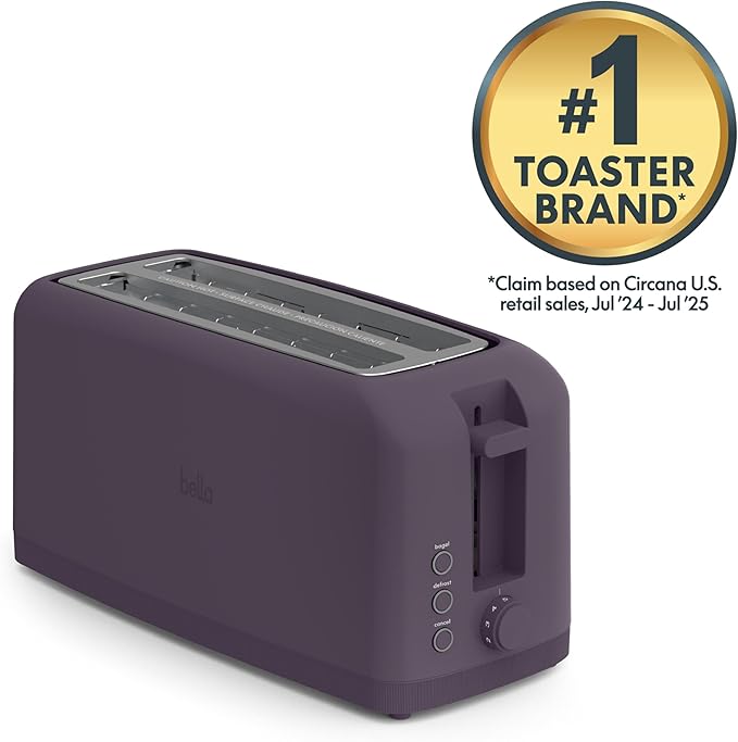 bella 4 Slice Slim Toaster, Fits-anywhere™ Kitchenware, 6 Setting Shade Control with Reheat & Cancel Buttons, Fits Sourdough, 10” Long Slot, Anti Jam & Auto Shutoff, 900 Watt, Plum