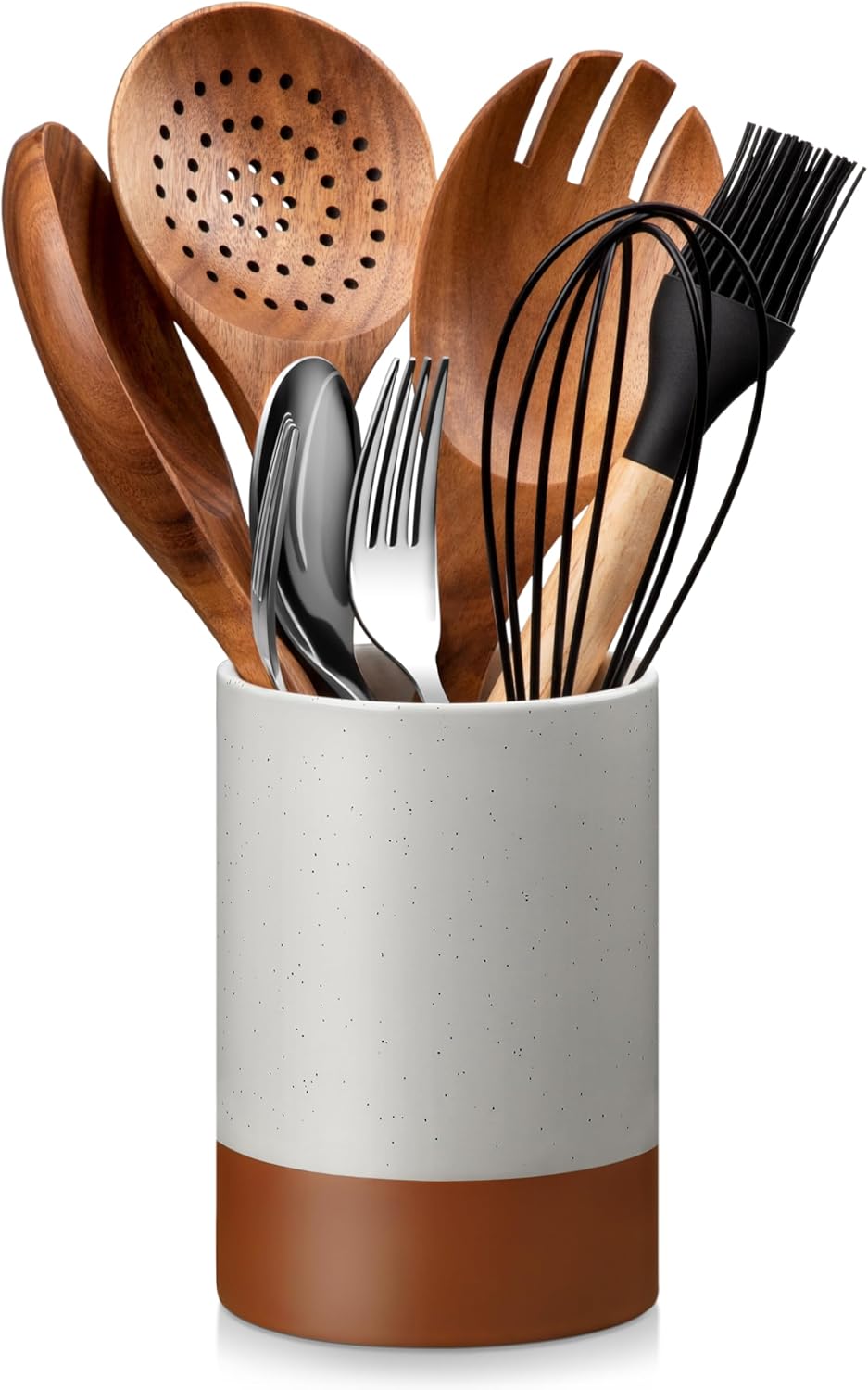 MALACASA Utensil Holder, 5.5" Ceramic Kitchen Utensil Holder for Countertop, Cooking Utensil Crock for Kitchen Counter, Farmhouse Utensil Organizer for Spatula & Spoon, Khaki Gray, Series TARA
