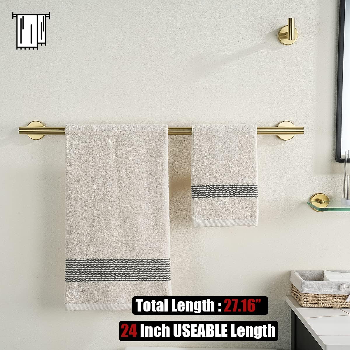 JQK Bath Towel Bar, 27 Inch Brushed Light Gold Towel Rack Bathroom, 304 Stainless Steel Thicken 0.8mm Towel Holder Wall Mount, Useable Length 24 Inch, TB110L24-BG