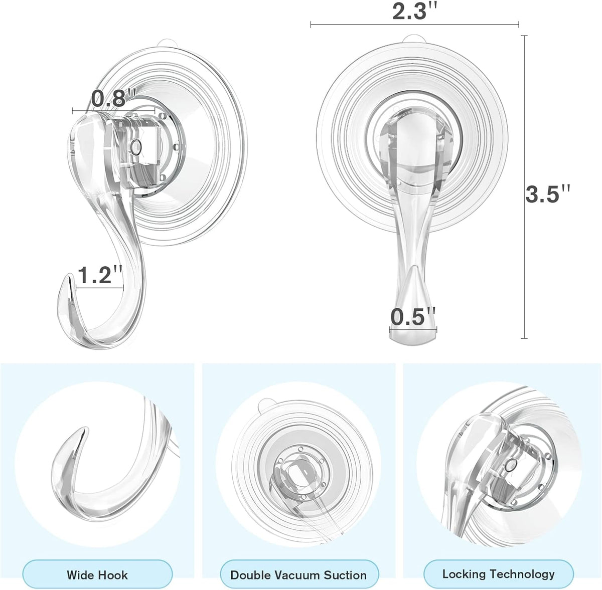 VIS'V Suction Cup Hooks, Small Shower Suction Hooks with Wipes, Heavy Duty, Removable and Reusable, Clear, 2 Pcs