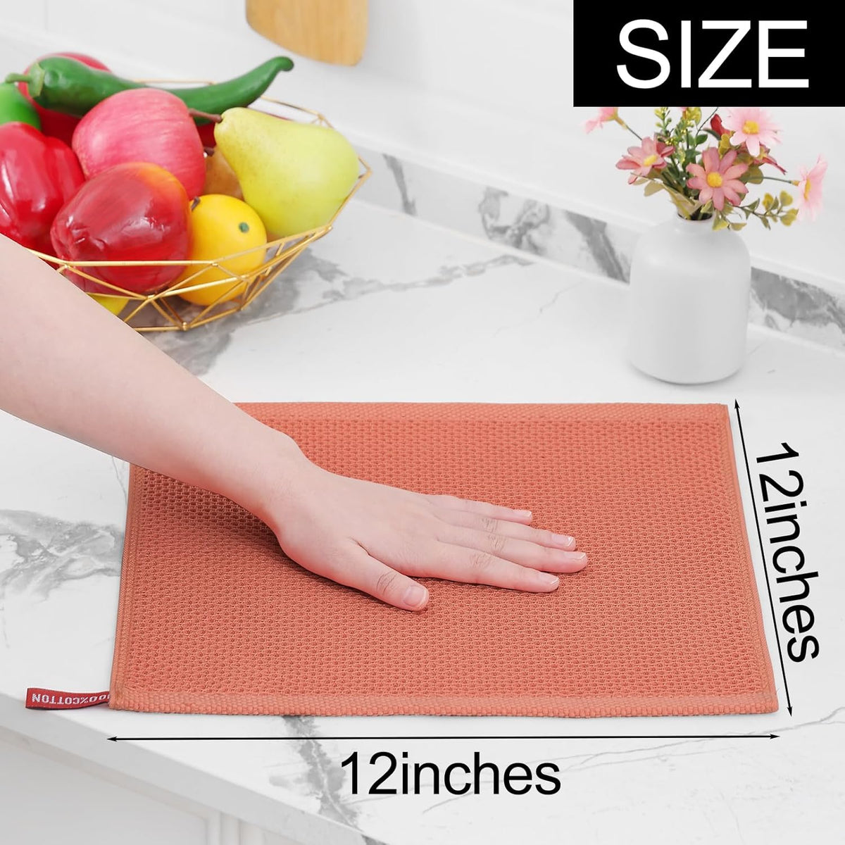 Homaxy 100% Cotton Waffle Weave Kitchen Dish Cloths, Ultra Soft Absorbent Quick Drying Dish Towels, 12 x 12 Inches, 6-Pack, Coral