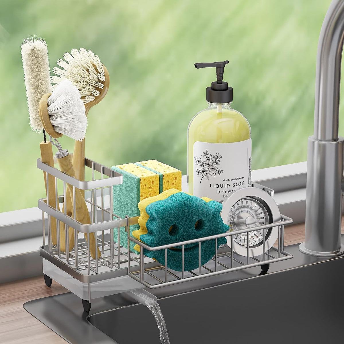 Consuemst Sponge Holder for Kitchen Sink - Auto Draining Sink Caddy Organizer with Detachable Rack, High Brush Holder, Kitchen Countertop Storage Accessories, Silver
