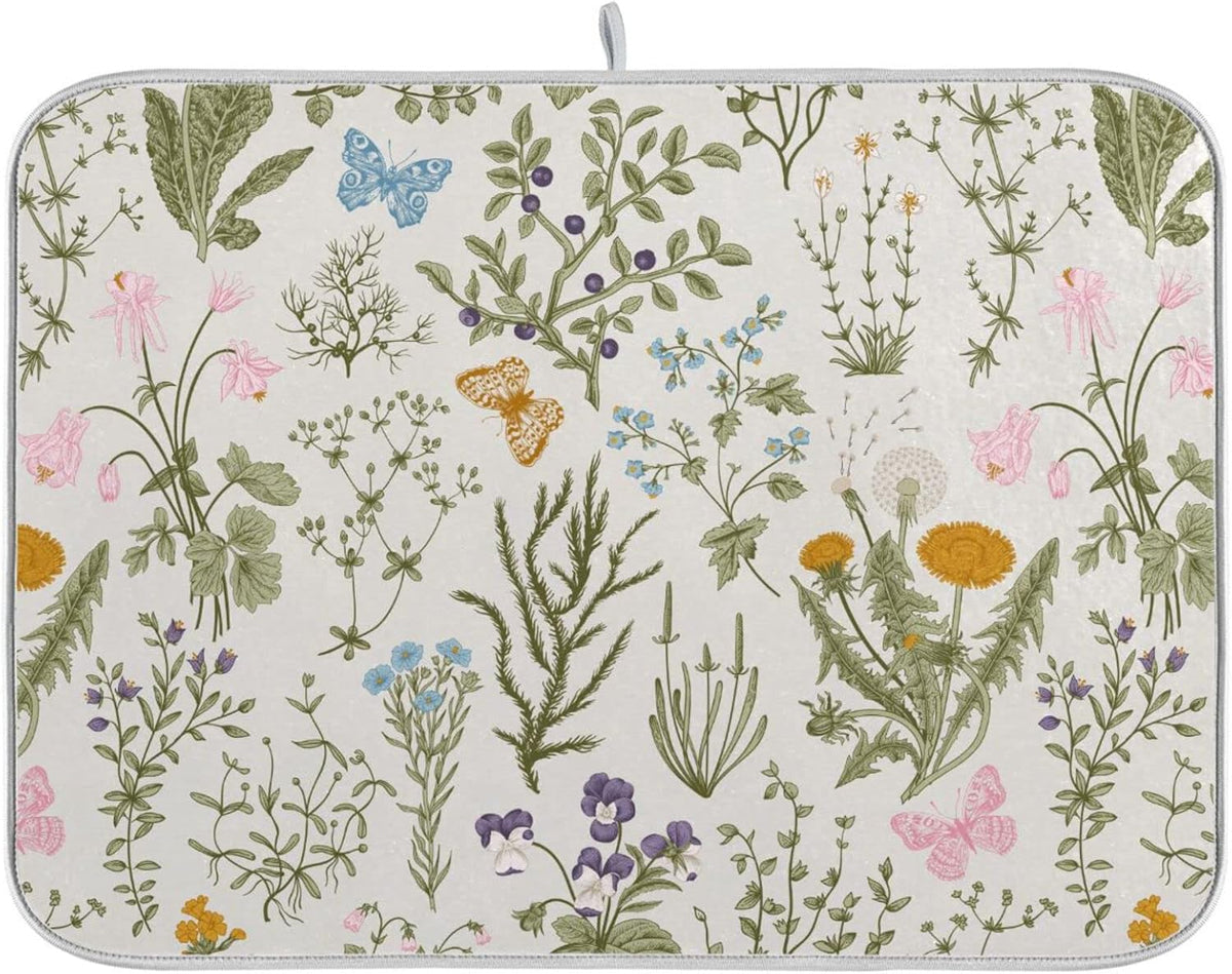 Herbs Flowers Botanical Butterfly Dish Drying Mat for Kitchen Counter Absorbent Microfiber Drying Pad, Large 18x24 in, Reversible Drainer Mats