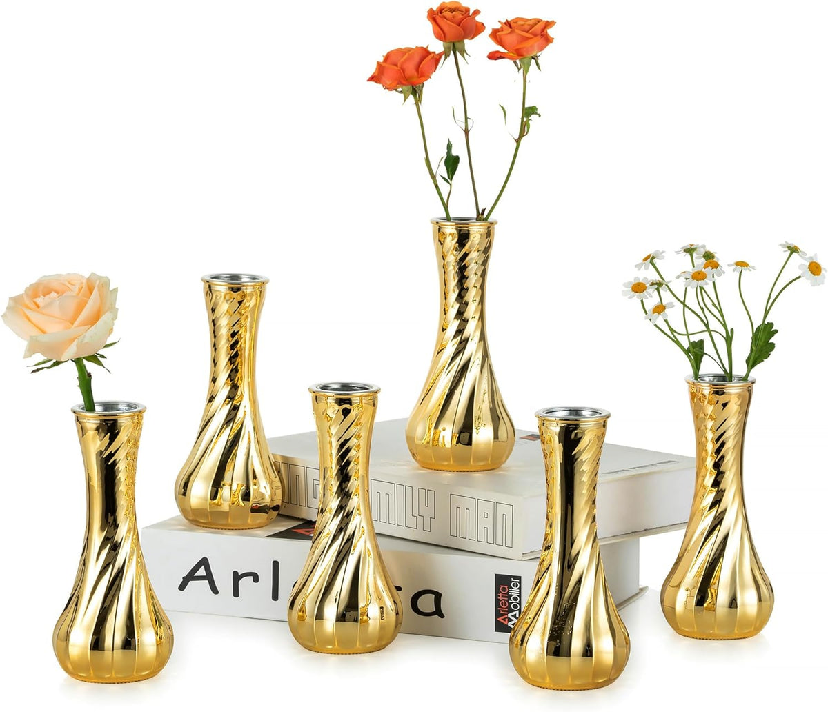NUPTIO Glass Bud Vase Gold: 6 Pcs Small Flower Vases for Wedding Party Table Centrepiece - Vintage Ribbed Vase for Home Birthday Reception Decorations