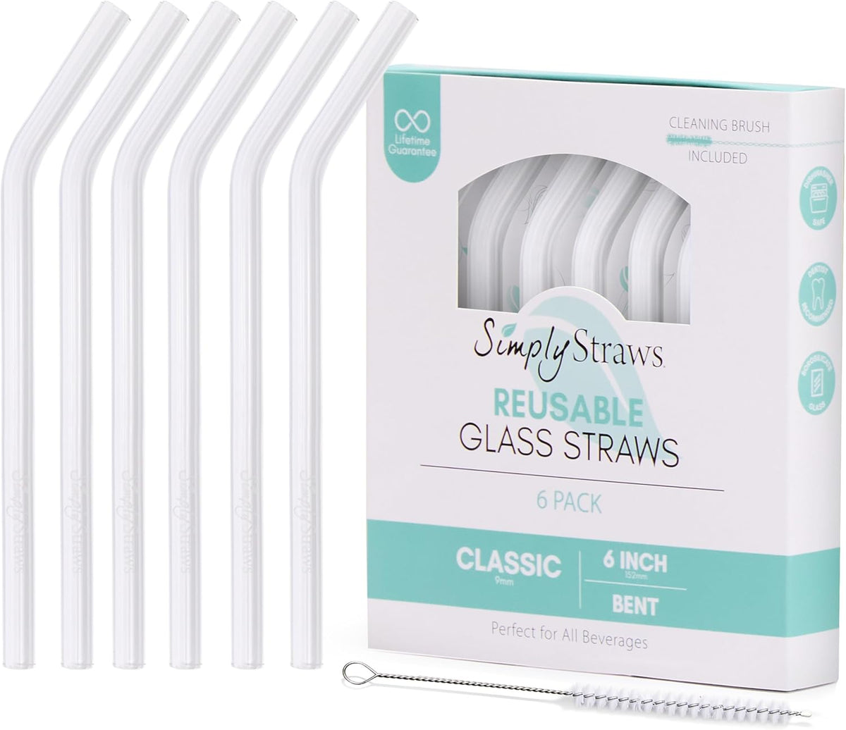 Simply Straws 6 Inch Glass Straws Bent (6-Pack) – Reusable Glass Straws for Low Balls & Stemless Glasses, with Cleaning Brush – Dishwasher Safe, Hot & Cold Use, BPA-Free (Air)