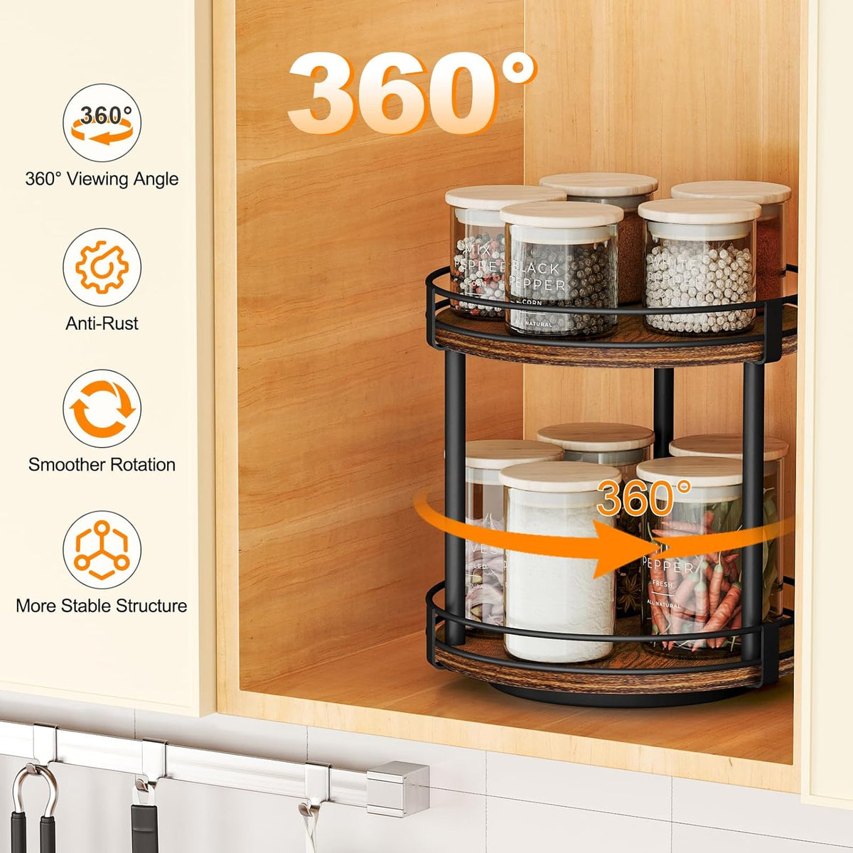 Snughome Rotating Spice Rack, 2 Tier Lazy Susan Organizer, Wood Kitchen Countertop Organizer, Brown Lazy Susan Turntable for Cabinet, 10.2" x 10.2" x 10.4"