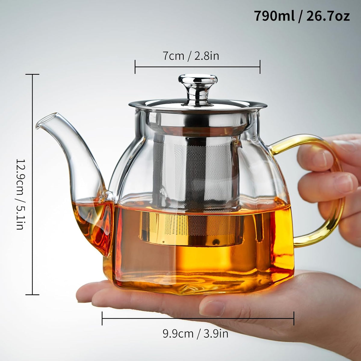Glass Tea Pot with Stainless Steel Infuser and Lid (Octagonal), Clear Glass Teapot, Borosilicate Hydrochloric Glass Heat Resistant, Fine Glass Filter for Flower Tea, Tea Bags (27 oz / 800 ml)