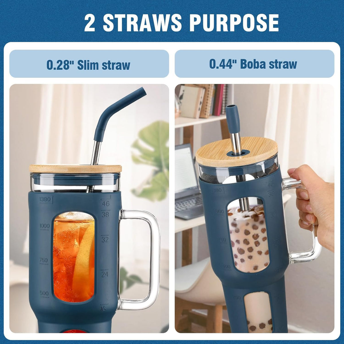 Glass Tumbler with Lid and Straw, 46 oz Iced Coffee Cup with Handle, Large Water Bottles with Silicone Sleeve, Glass Cup with Straws - Pearl Straw & Drinking Straw BPA Free-Blue