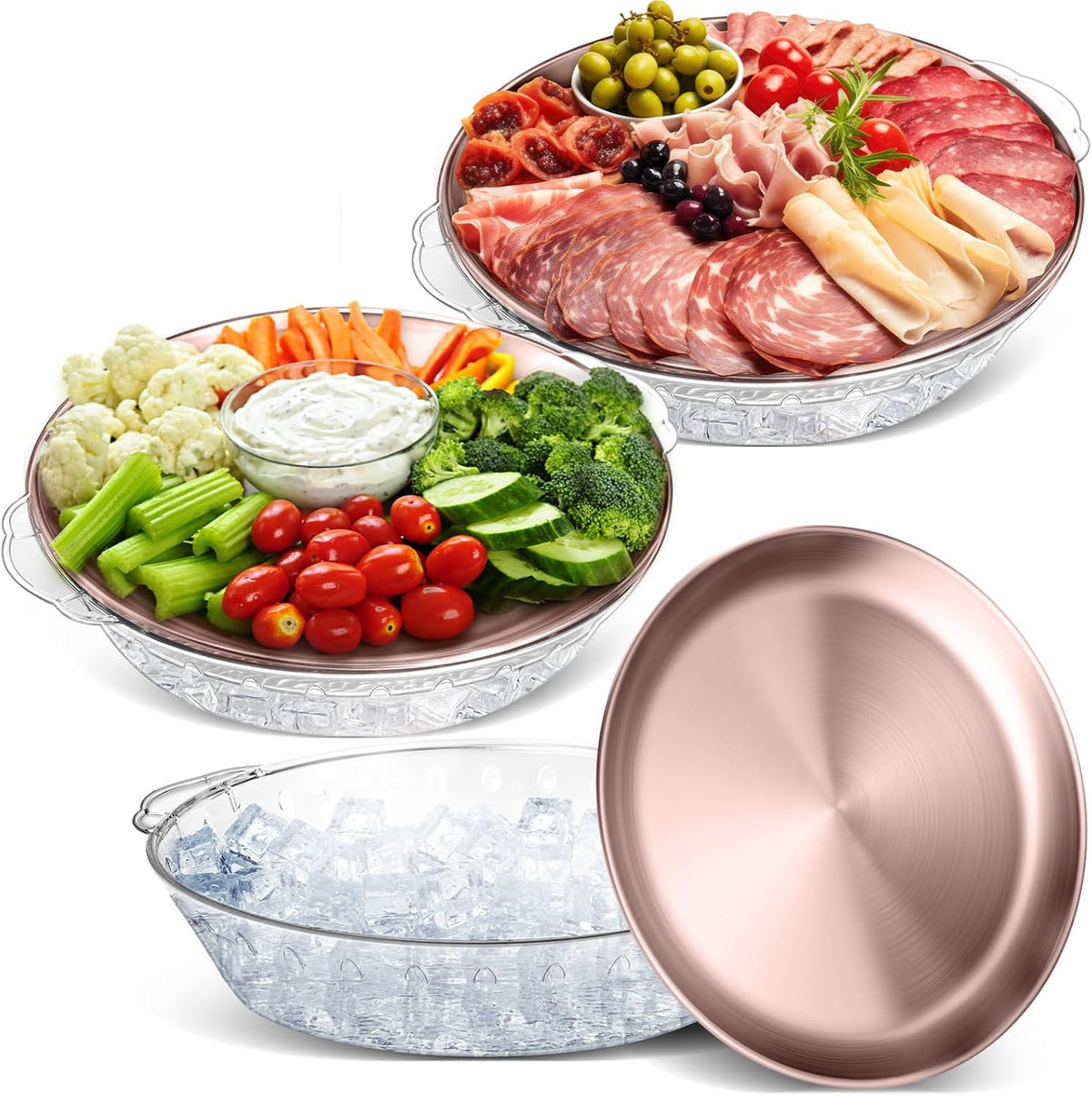 Baderke 3 Set 11.8" Chilled Serving Tray for Parties with Compartments Ice Chilled Party Platter Charcuterie Serving Board Cold Dish Dip for Fruit Seafood Vegetable Shrimp Cocktail (Rose Gold)