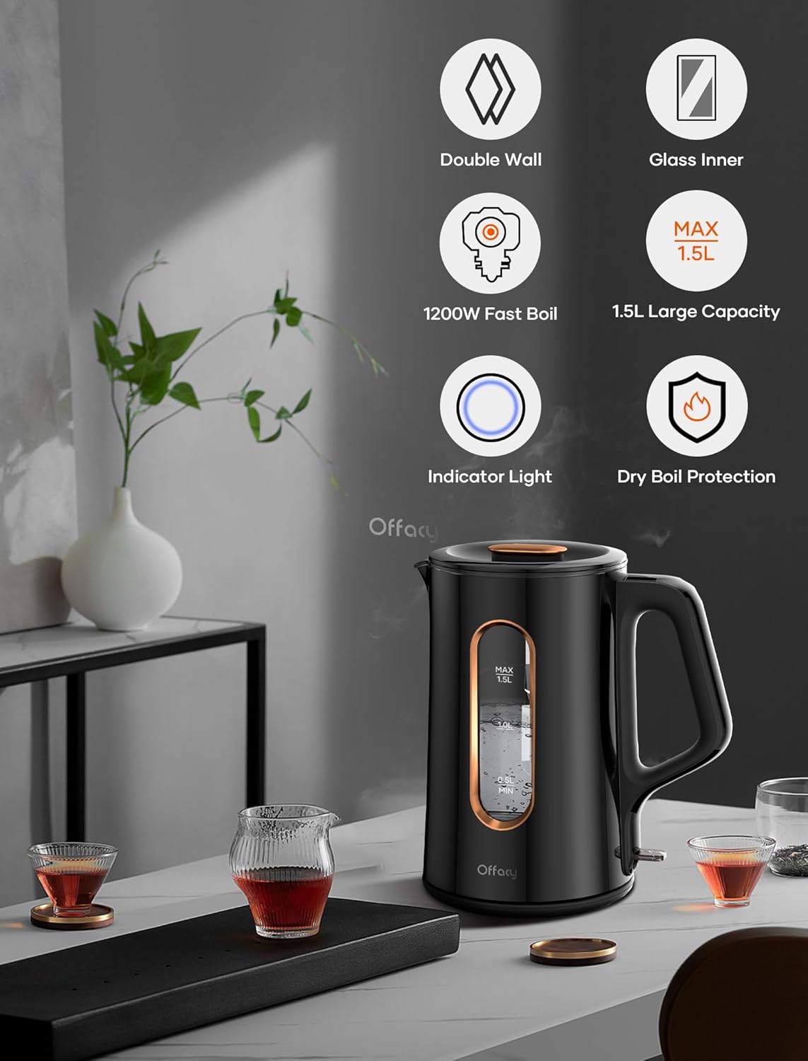 OFFACY Electric Kettle, Double Wall Glass Inner, Hot Water Boiler Heater Pot, 1.5-Liter, 1200 Watts for Fast Boiling, 53oz BPA Free, Glossy Black
