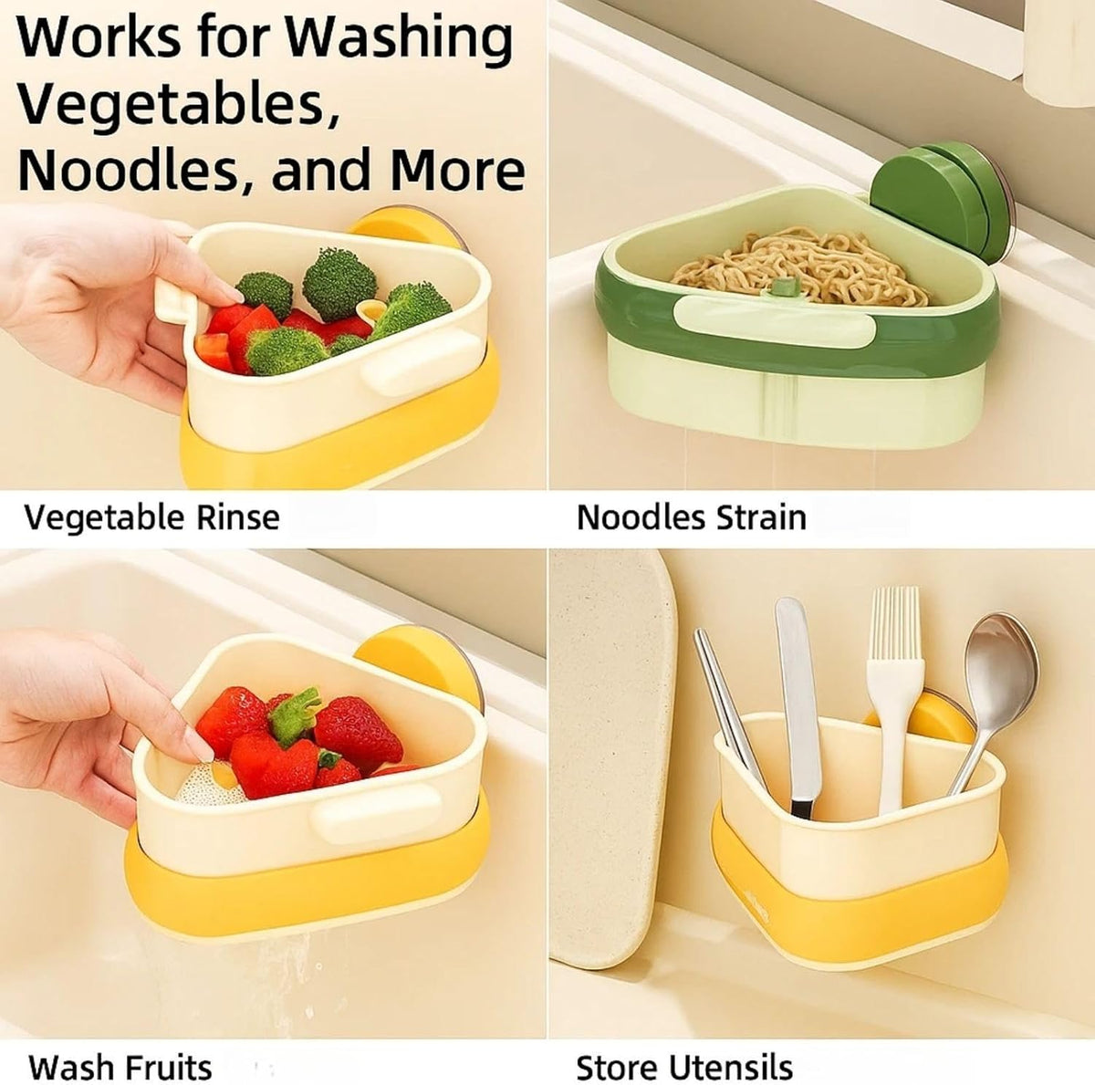 2025 Upgraded Suction Cup Sink Corner Strainer – Hangable Kitchen Sink Drain with Hanging Sink Drain Basket, Food Waste Catcher & Sink Food Catcher Basket, Kitchen Sink Food Waste Catcher (Green)