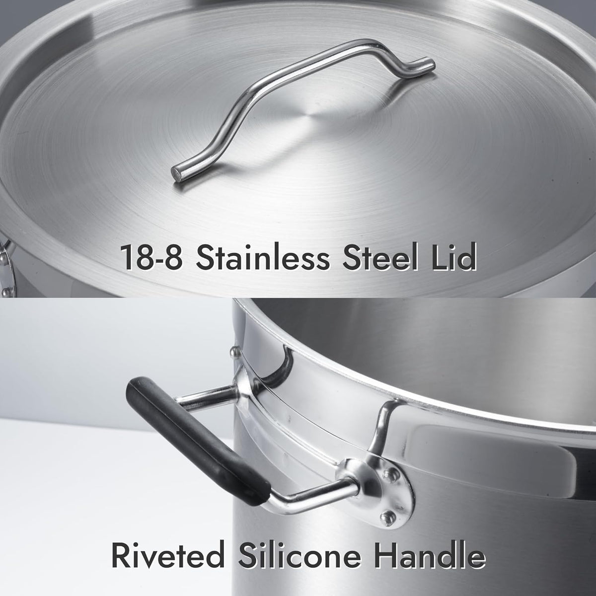 CURTA 50 Quart Large Stock Pot with Lid, NSF Listed, Induction Ready, 3-Ply Clad Base, 18/8 Stainless Steel Cooking Pot, Commercial Cookware for Soup, Stew & Sauce, Riveted Silicone Handle