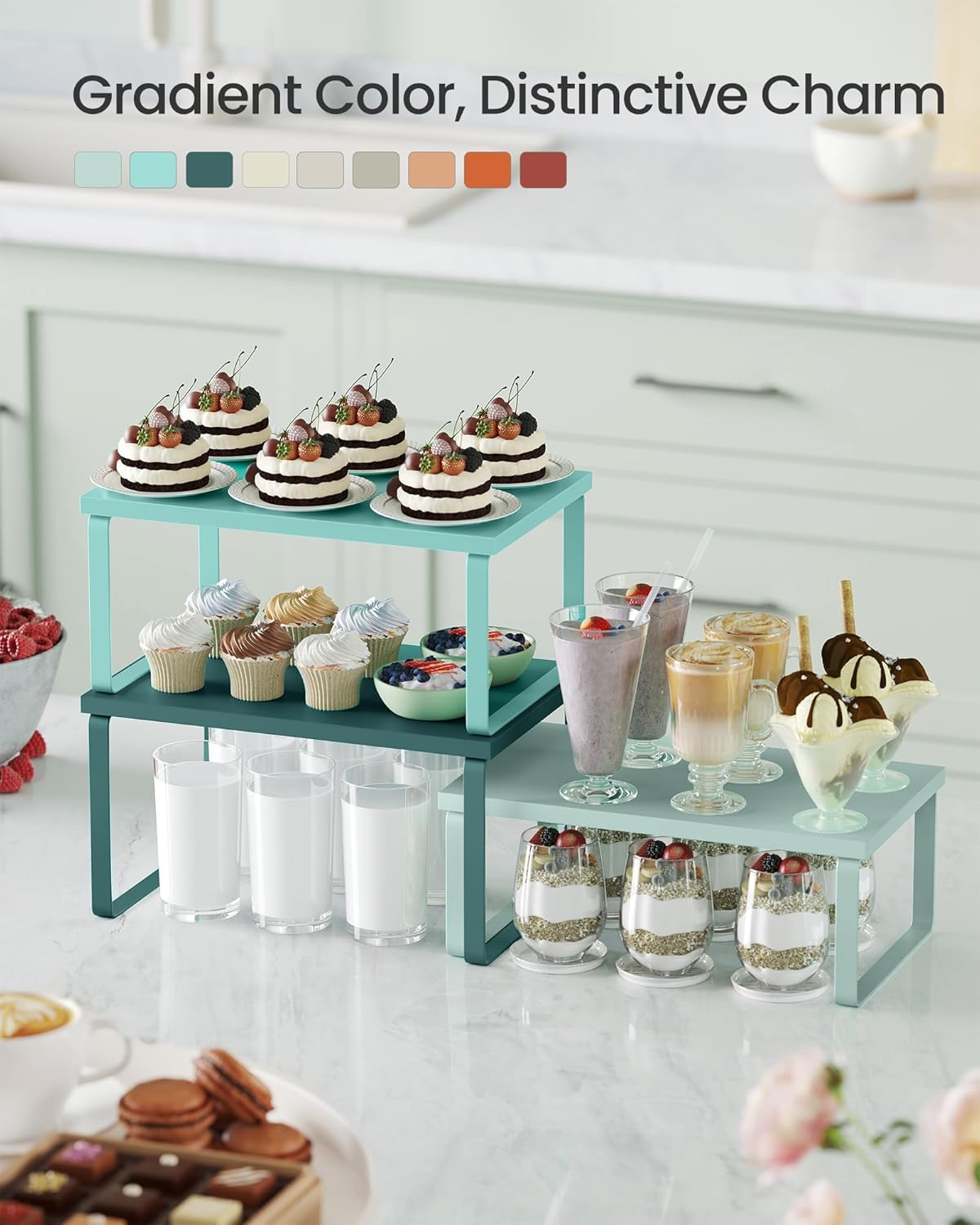 SONGMICS Cabinet Organizer Shelf, Set of 3 Kitchen Counter Shelves, Kitchen Storage, Spice Rack, Stackable, Expandable, Green UKCS220C01