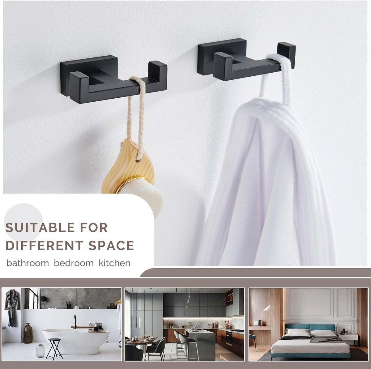 Angle Simple Bathroom Towel Hooks, Stainless Steel Shower Double Robe Coat Hooks for Wall, Matte Black, 2 Pack