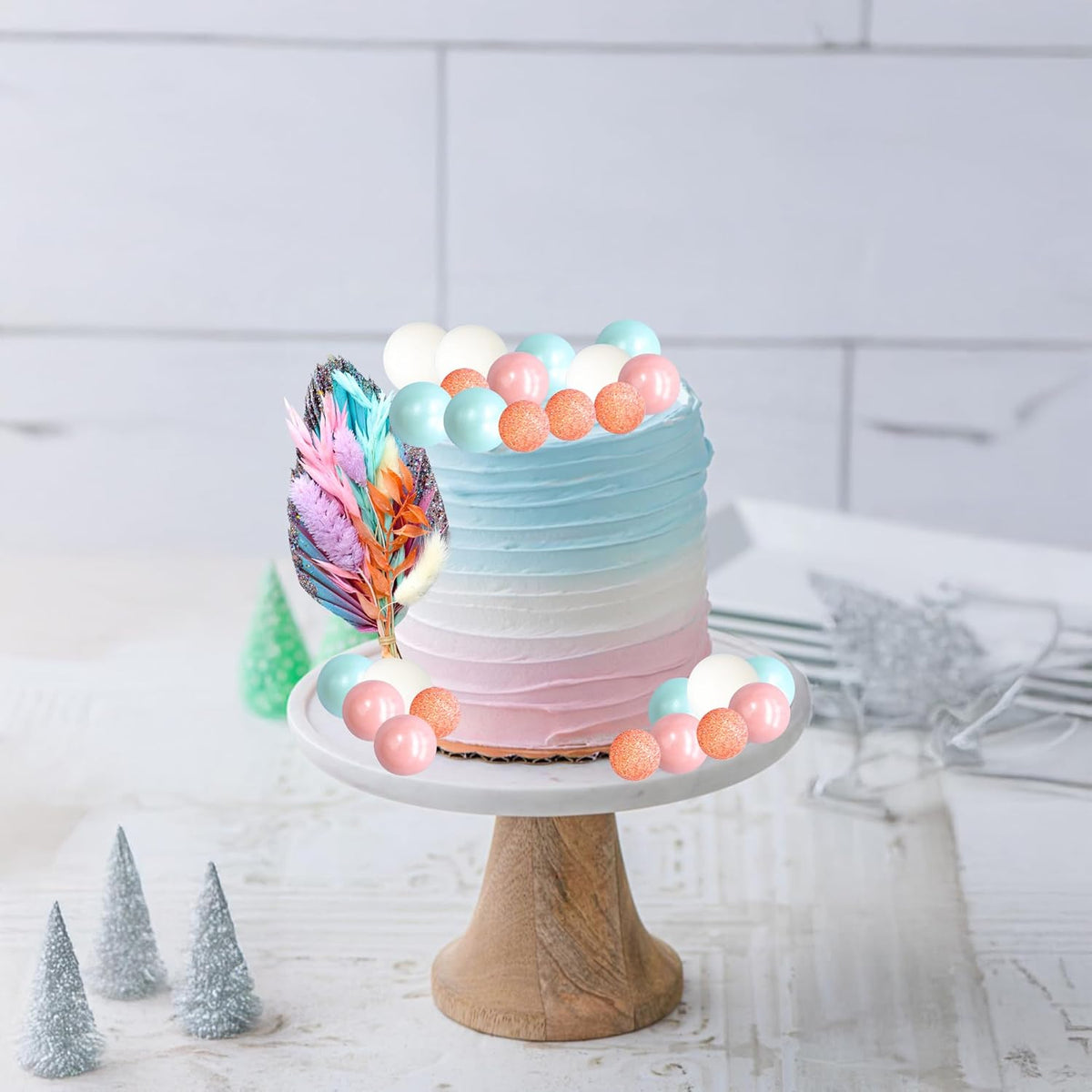 Gyufise 21 Pack Flower Boho Cake Topper Ball Cake Decorations Palm Leaves Plants Cake Decor for Girl Bohemian Princess Theme Wedding Baby Shower Birthday Party Supplies Pink Blue