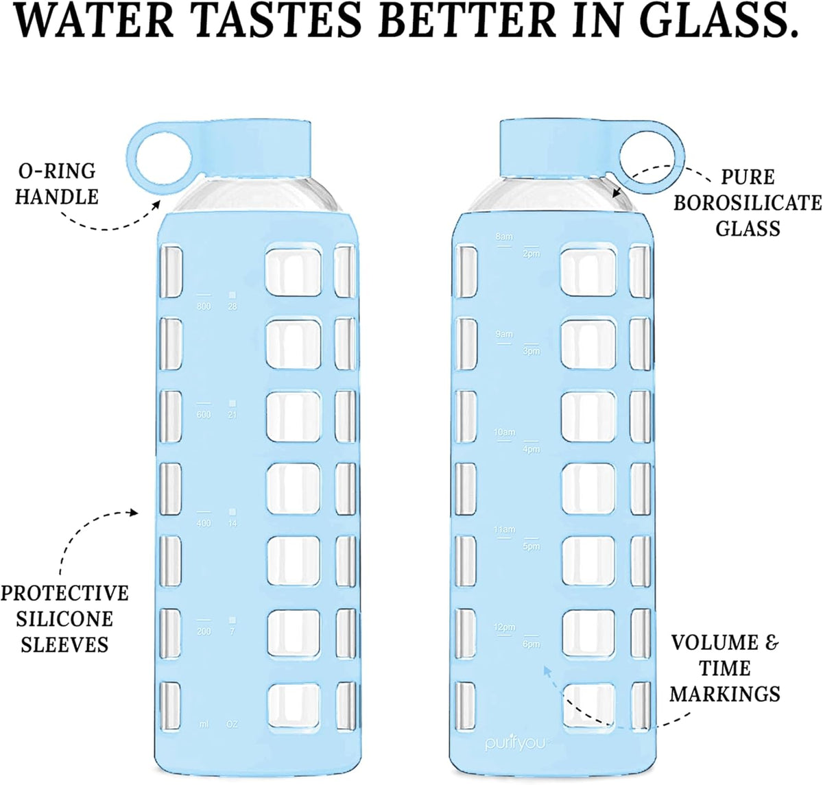 purifyou 40oz / 32oz / 22oz / 12oz Borosilicate Glass Water Bottle with Time & Volume Markers, Silicone Sleeve, Stainless Steel Lid – Reusable Glass Bottle for Water & Juice (40oz Ice Blue)