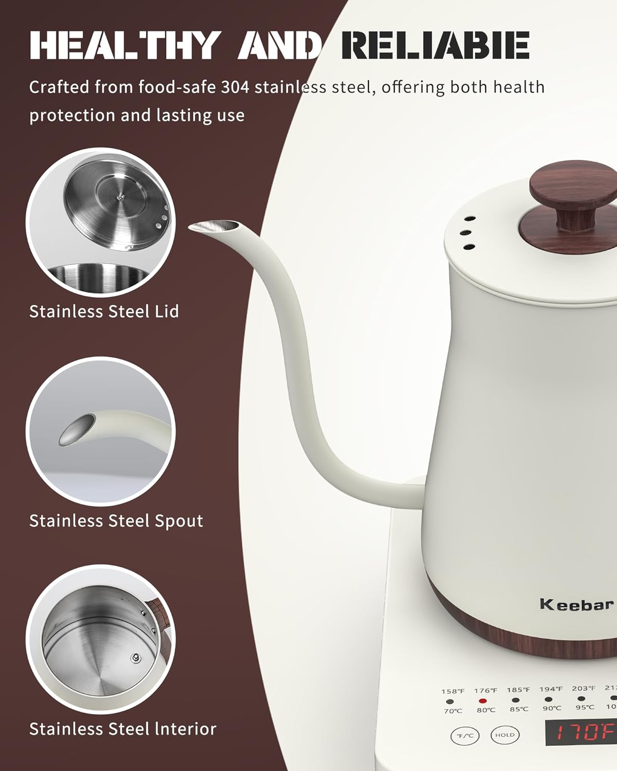 Electric Kettles, 1000W Gooseneck Electric Kettle with 6 Temperature Control Presets, 0.8L/27.05oz, 0.8mm Ultra-Fine Spout, 304 Stainless Steel Inner, Gooseneck Kettle with Auto Shut-Off, Matte White