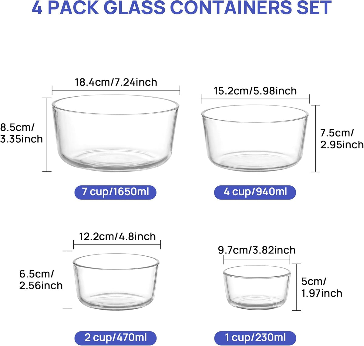 Vtopmart 4 Pack Glass Bowls with Lids (1, 2, 4, 7 Cup), Food Storage Containers, Meal Prep and Leftovers Keeper, Lunch Container, Microwave, Dishwasher & Freezer Safe