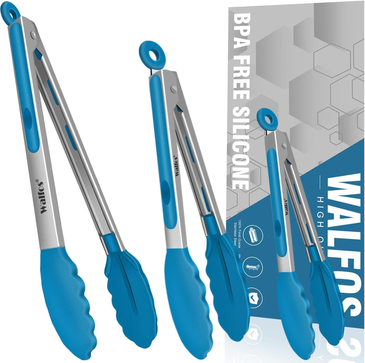 Walfos Kitchen Tongs - 7" 9" and 12" Heat Resistant Food tongs, Thickened Stainless Steel and BPA Free Silicone Tips, Great for Cooking, Grilling, Turning, Dishwasher safe(3 blue silicone tongs)