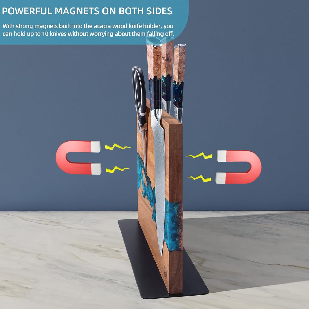 FINDKING Magnetic Knife Block, Double Sided Holder, Powerful Magnet Kitchen Storage, Acacia Wood and Blue Resin (12 x 10 Inches, Without Knives)
