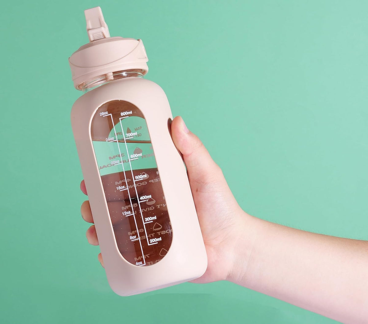 CIVAGO 32 oz Glass Water Bottle with Straw and Handle, Large Sports Motivational Water Bottle Flask with Time Marker and 2 Lids, Leakproof Water Jug Canteen with Silicone Sleeve for Gym,Beige