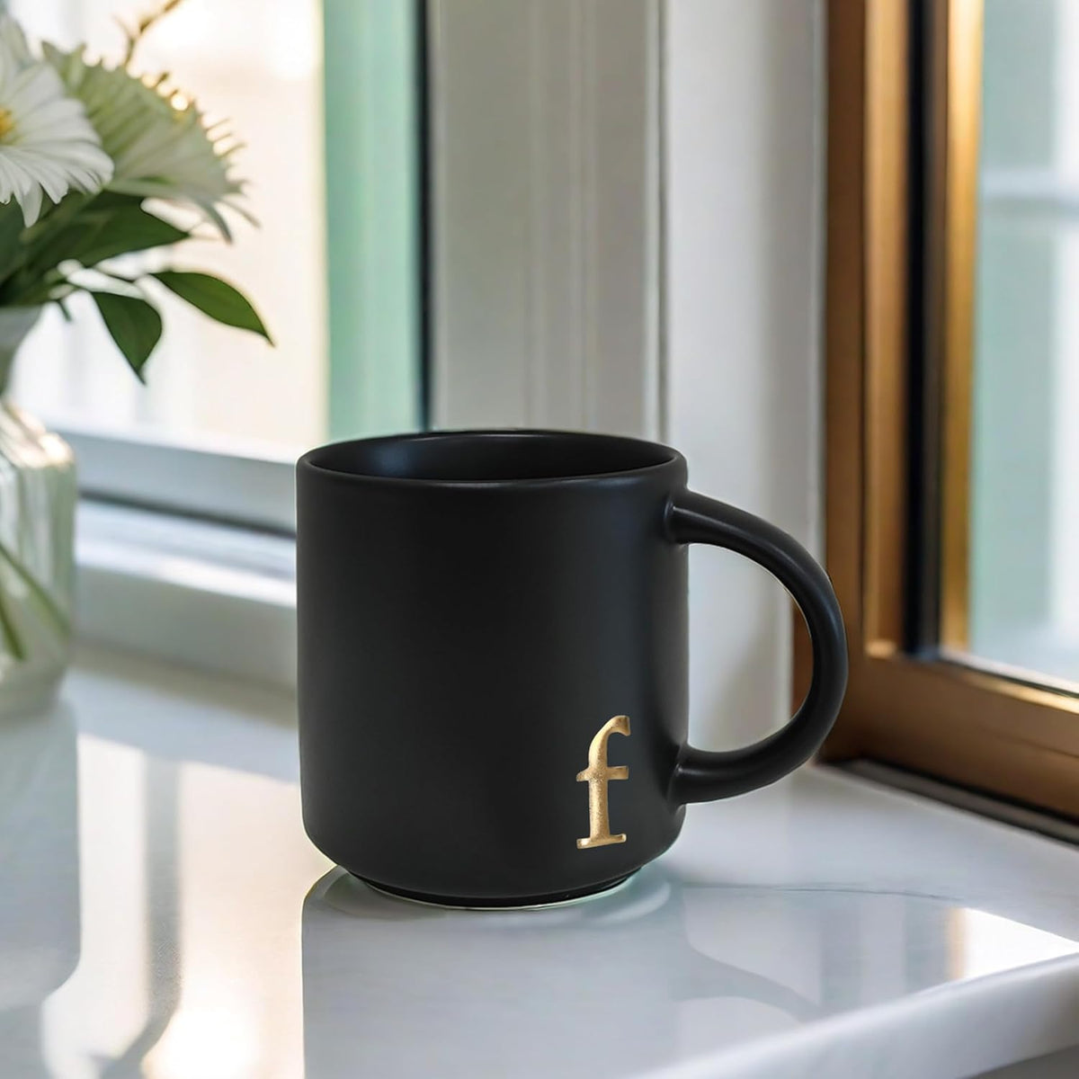 COLLECTIVE HOME - Black Monogram Ceramic Mugs, 15 oz Golden Initial Coffee Cups, Elegant Alphabet Tea Mugs, Personalized Halloween Mug with Gift Box, Perfect for Office and Home Décor(f)