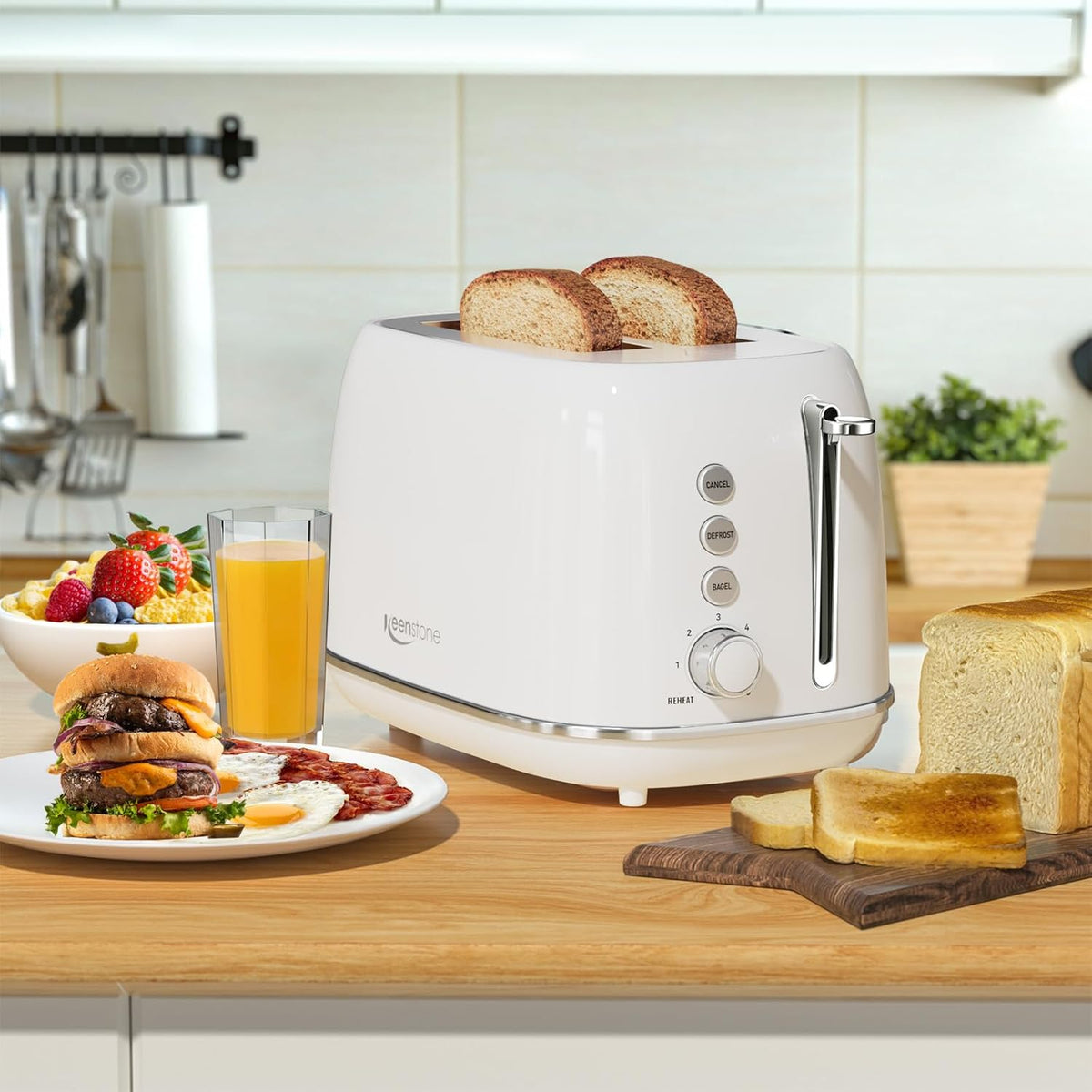 Keenstone Toaster 2 Slice, Retro Wide Slot Stainless Steel Toaster with 6 Browning Levels, Reheat & Defrost, for Bagel, Toast, Bread, Kitchen Essentials, Removable Crumb Tray, White
