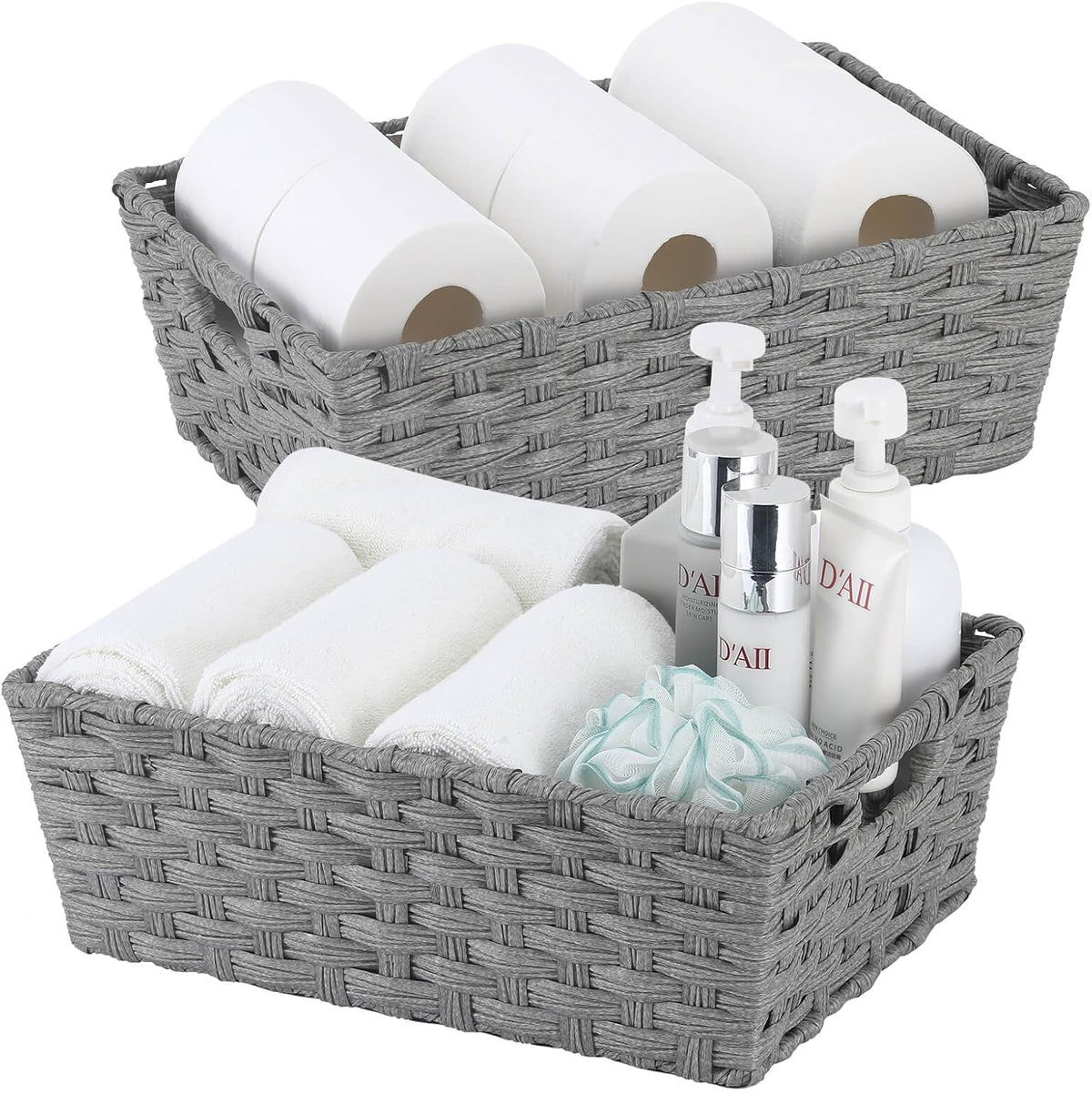 Large Wicker Storage Basket, Metal Frame, Set of 2, Washable Waterproof, 15" x 10.3" x 5.2", Grey Color, Woven Basket for Pantry, Toilet, Bathroom, Bedroom, Patio