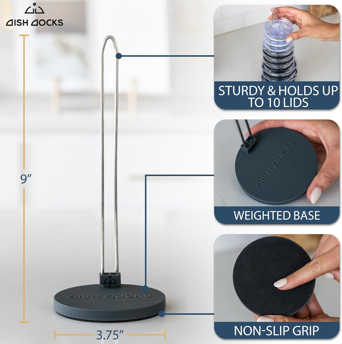 2-pk Tumbler Lid Organizer for Cabinet & Countertop - Slim Space-Saving Lid Holder with 9" Sturdy Bar & Weighted, Non-Slip Base - Vertical Storage Cup Lid Organizer - Collapsible Lid Rack for 10 Lids