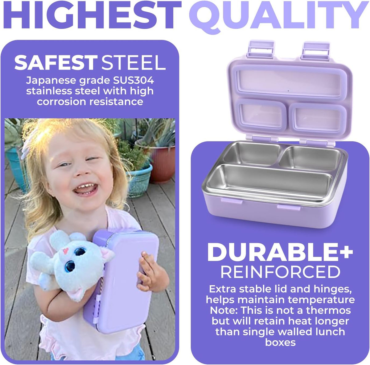 Small Stainless Steel Lunch Box for Baby Toddlers Girls, Mini Bento, 3 Eco Metal Portion Sections Leakproof Lid, Pre-School Daycare Lunches, Toddler Spill-Proof Snack Container, 18 oz/550 mL Purple