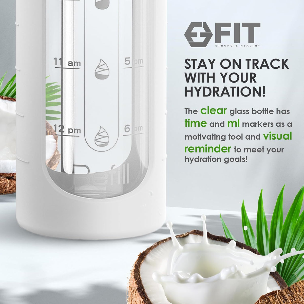 FIT Strong & Healthy 32 oz Glass Water Bottle with Straw Lid, Time Marker, Sleeve & Extra Lid - Motivational, Wide Mouth 1 Liter Glass Drinking Bottle
