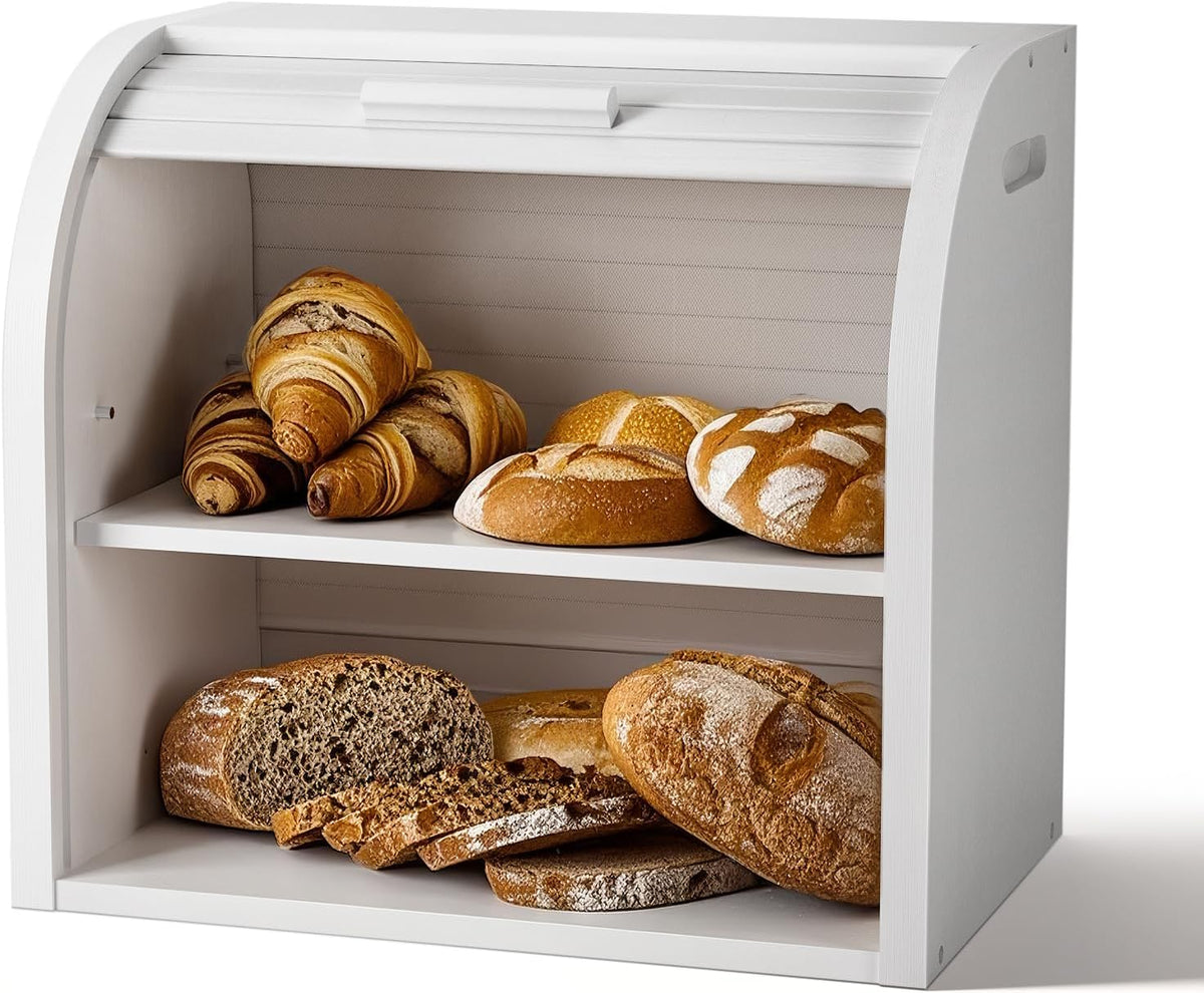 G.a HOMEFAVOR Bread Box: Large 2-Tier Bamboo Roll Top Bread Storage Container for Kitchen Counter, Bread Holder Food Bin for Countertop, Self-Assembly, White
