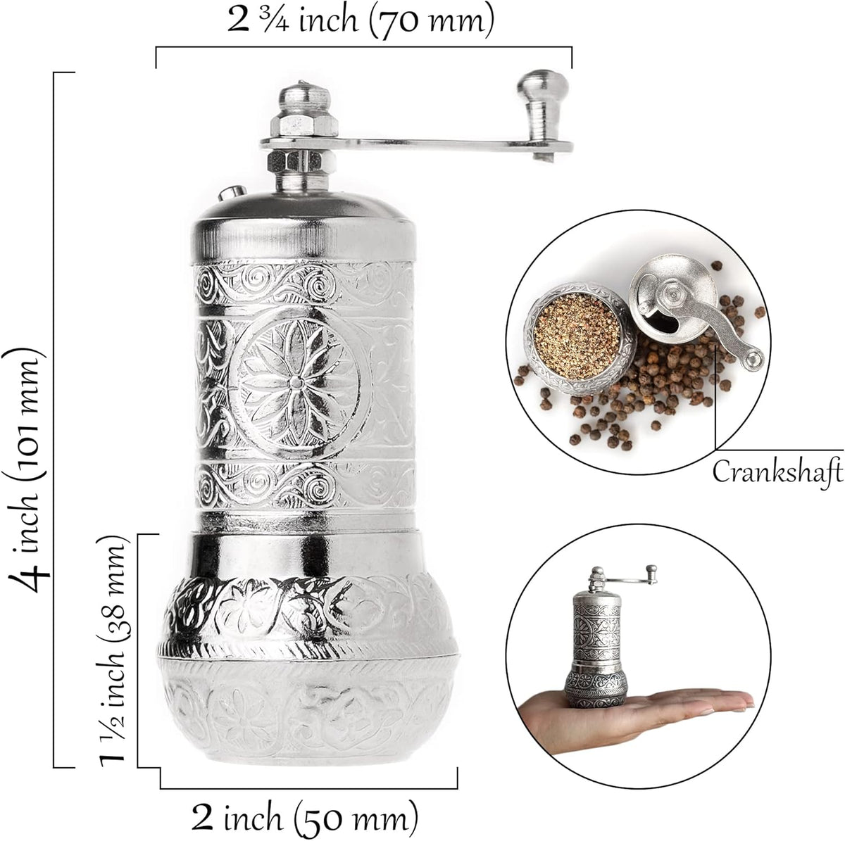 Decorative Black Pepper Grinder, Refillable Turkish Spice Mill with Adjustable Coarseness, Manual Pepper Mill with Handle, Spice Grinder Metal with Hand Crank, Bright Silver