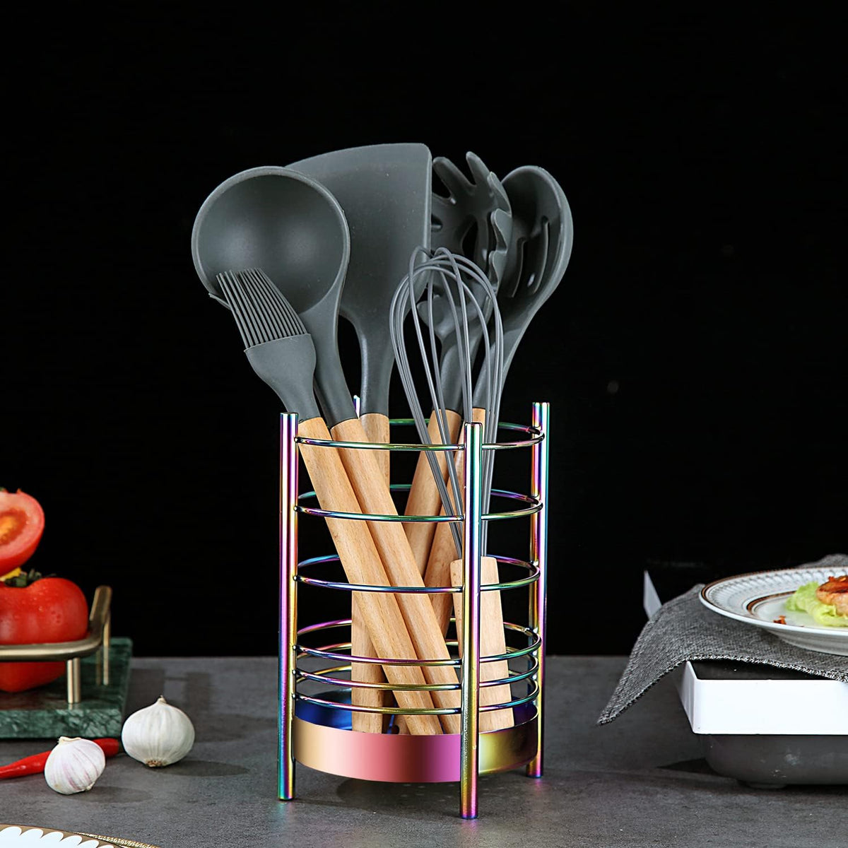 Rainbow Kitchen Utensil Holder for Kitchen Counter, Stainless Steel Utensil Crocks, Rainbow Titanium Coating Utensil Storage Caddy Organizer, Cooking Utensil Holder, Easy Cleaning(Rainbow/7.4''x5.2'')