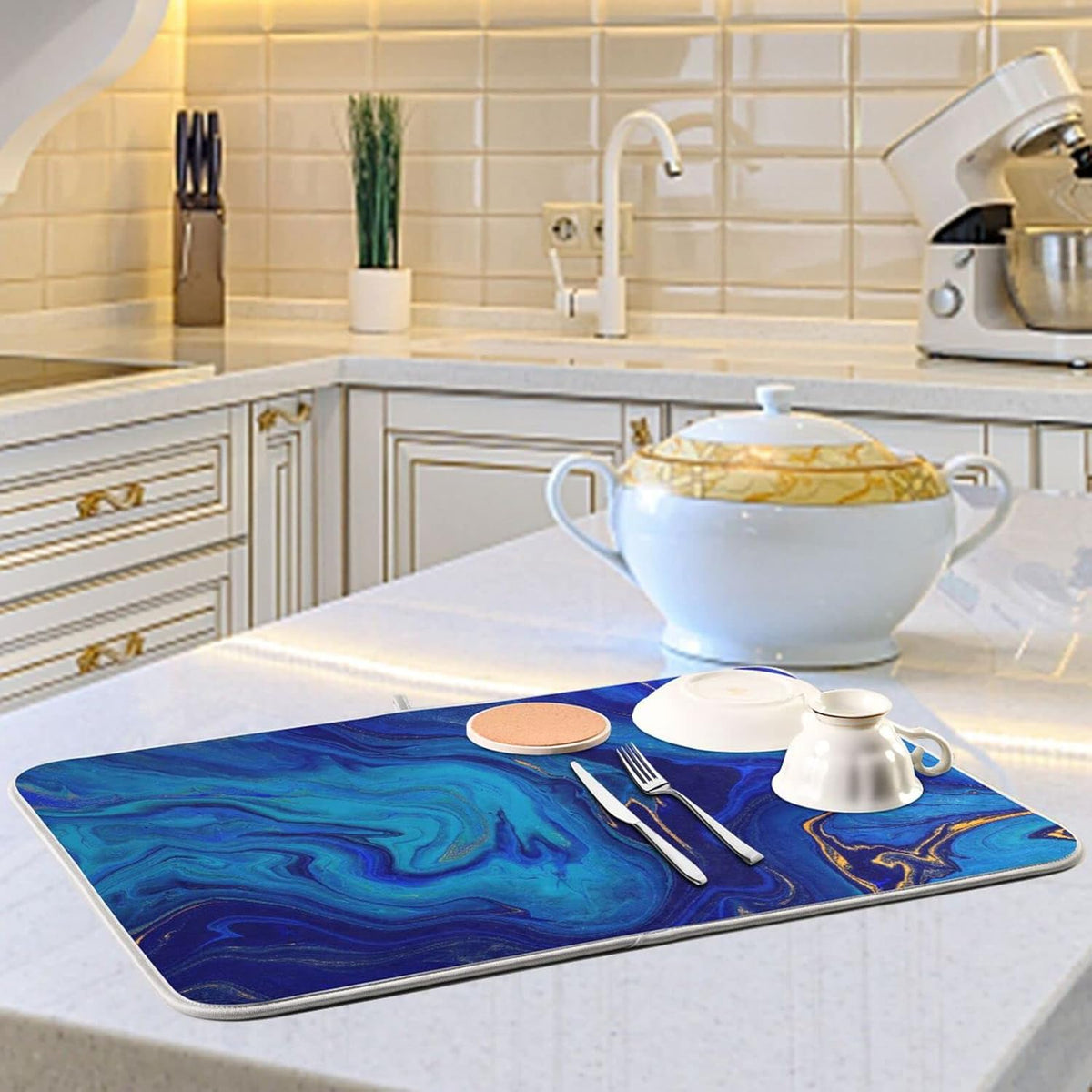 Super Absorbent Dish Drying Mat, Microfiber Fast-Drying Dish Mat, 24" x 18", Kitchen Dish Drying Pad, Navy Blue Gold Marble