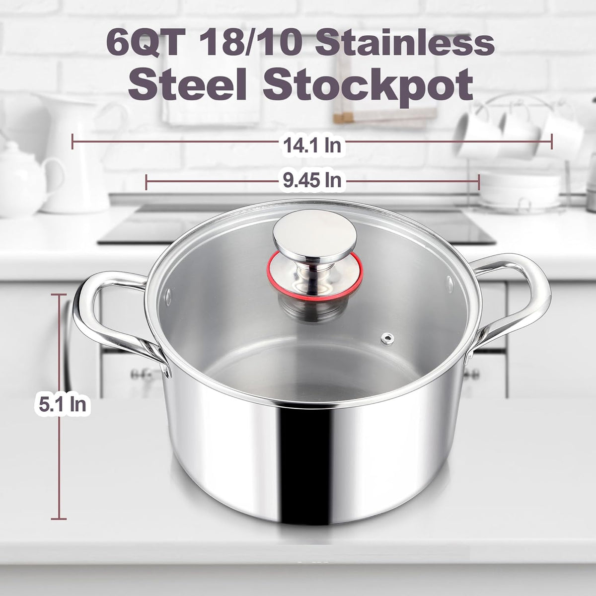 LIANYU 6QT 18/10 Stainless Steel Stockpot with Lid, Tri-Ply Heavy Duty Soup Cooking Pasta Canning Pot, 6 Quart Boiling Strew Simmer Induction Pot, Dishwasher Safe Cookware