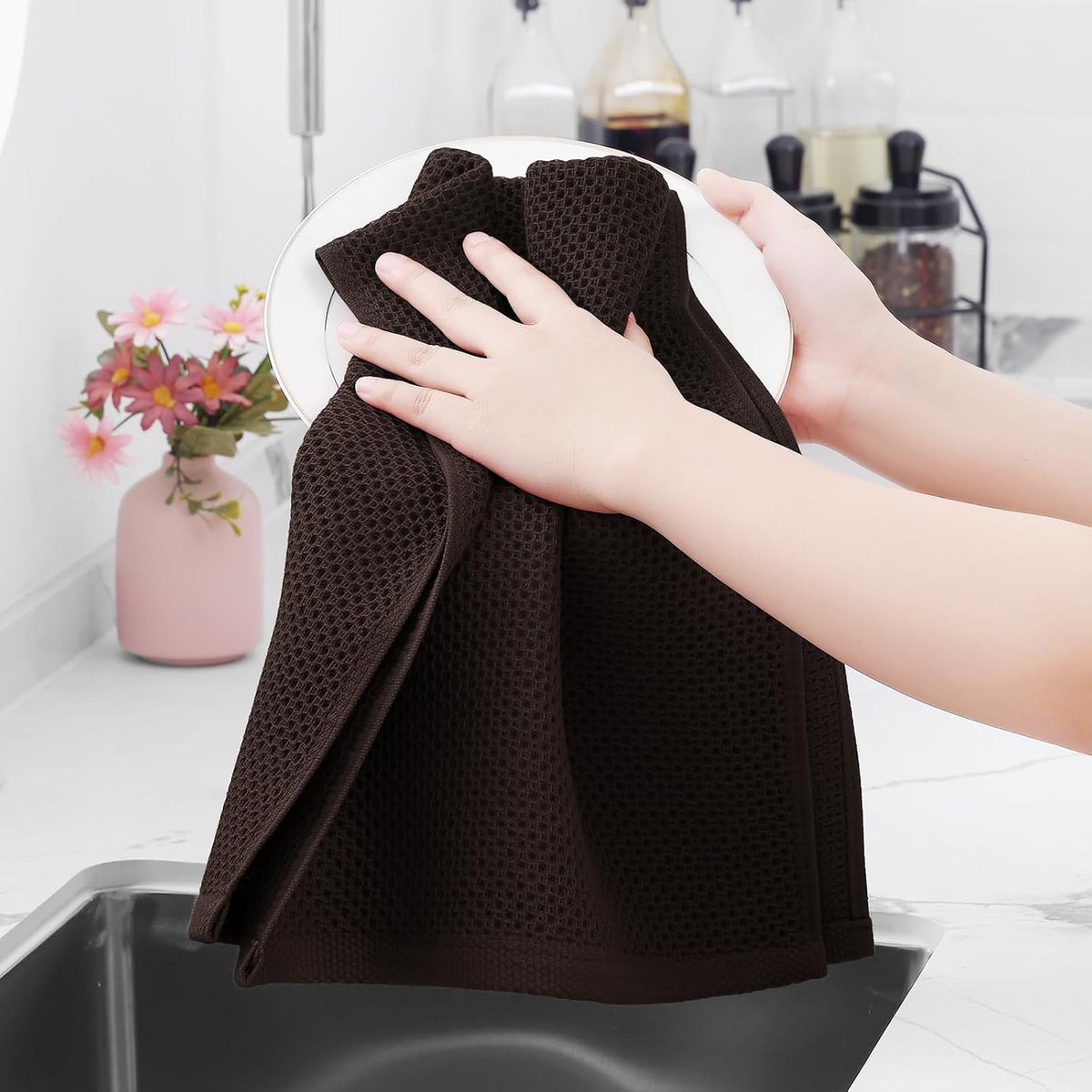 Homaxy 100% Cotton Waffle Weave Kitchen Dish Towels, Ultra Soft Absorbent Quick Drying Cleaning Towel, 13 x 28 Inches, 6-Pack, Dark Brown