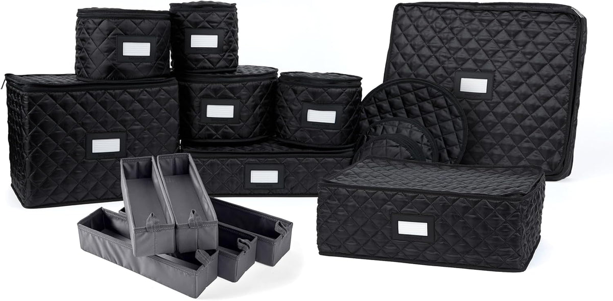 Covermates Keepsakes - Dish Storage Set - Padded Protection - ID Window - Stain Resistant - Machine Washable - China Storage, Black