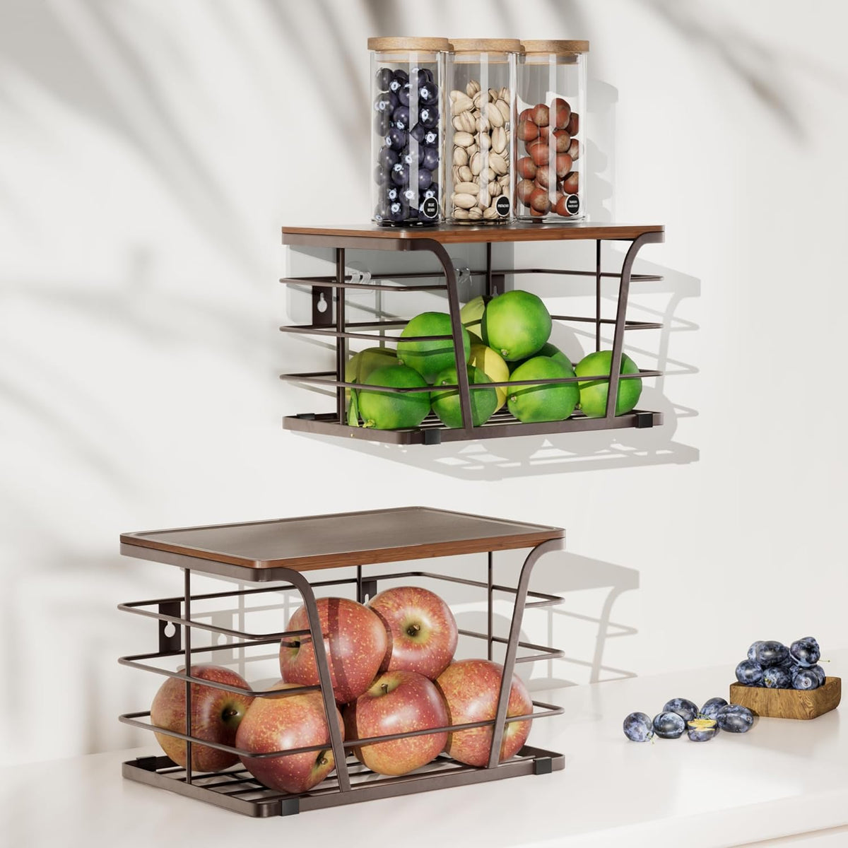 Extra Large 2 Pack Stackable Storage Pantry Organizers and Storage, Wall Mount Trash Bag Holder with Bamboo Top and Garbage Bag Dispenser, Brown