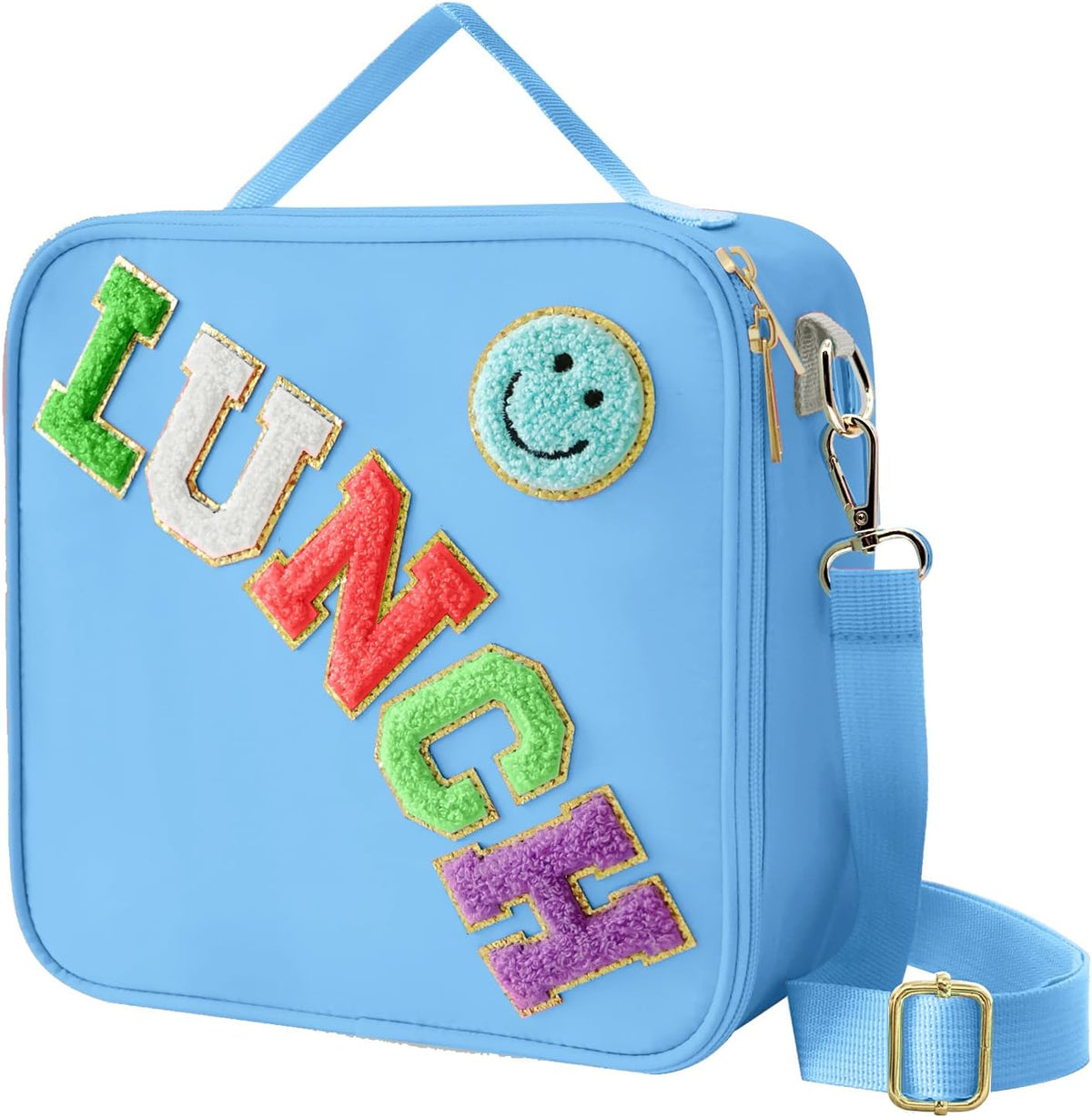 Insulated Lunch Bag With Adjustable Shoulder Strap, Nylon Preppy Lunch Box Large Insulated Lunch Bag Reusable Lunch Tote Bag with Smiley Preppy LunchBag for Girls School Travel Picnic (Dark blue)