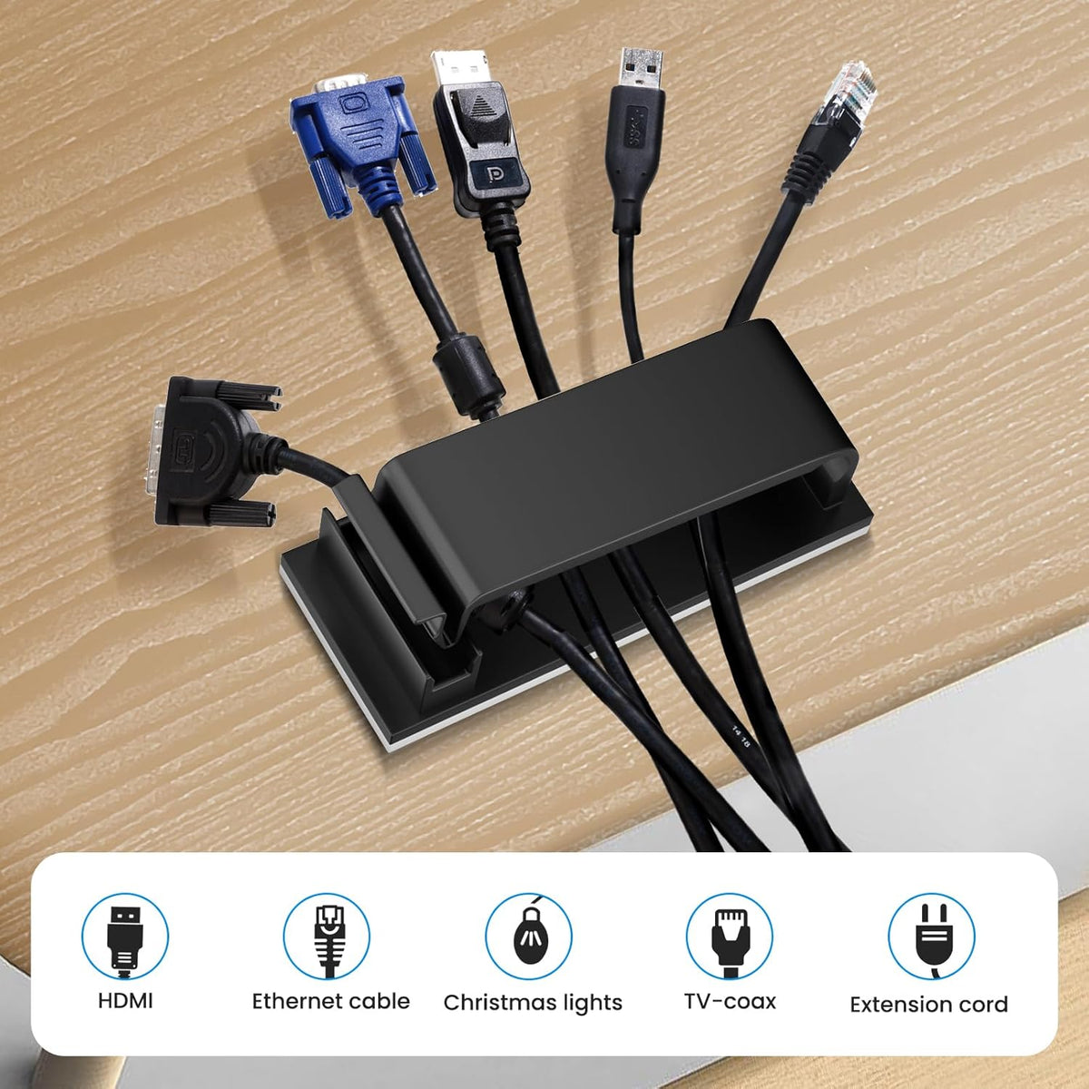 Adhesive Cable Management Clip (20Pcs Black),Cord Management Under Desk,Wire Organizer for TV PC Ethernet HDMI Extension Cord Power Plug